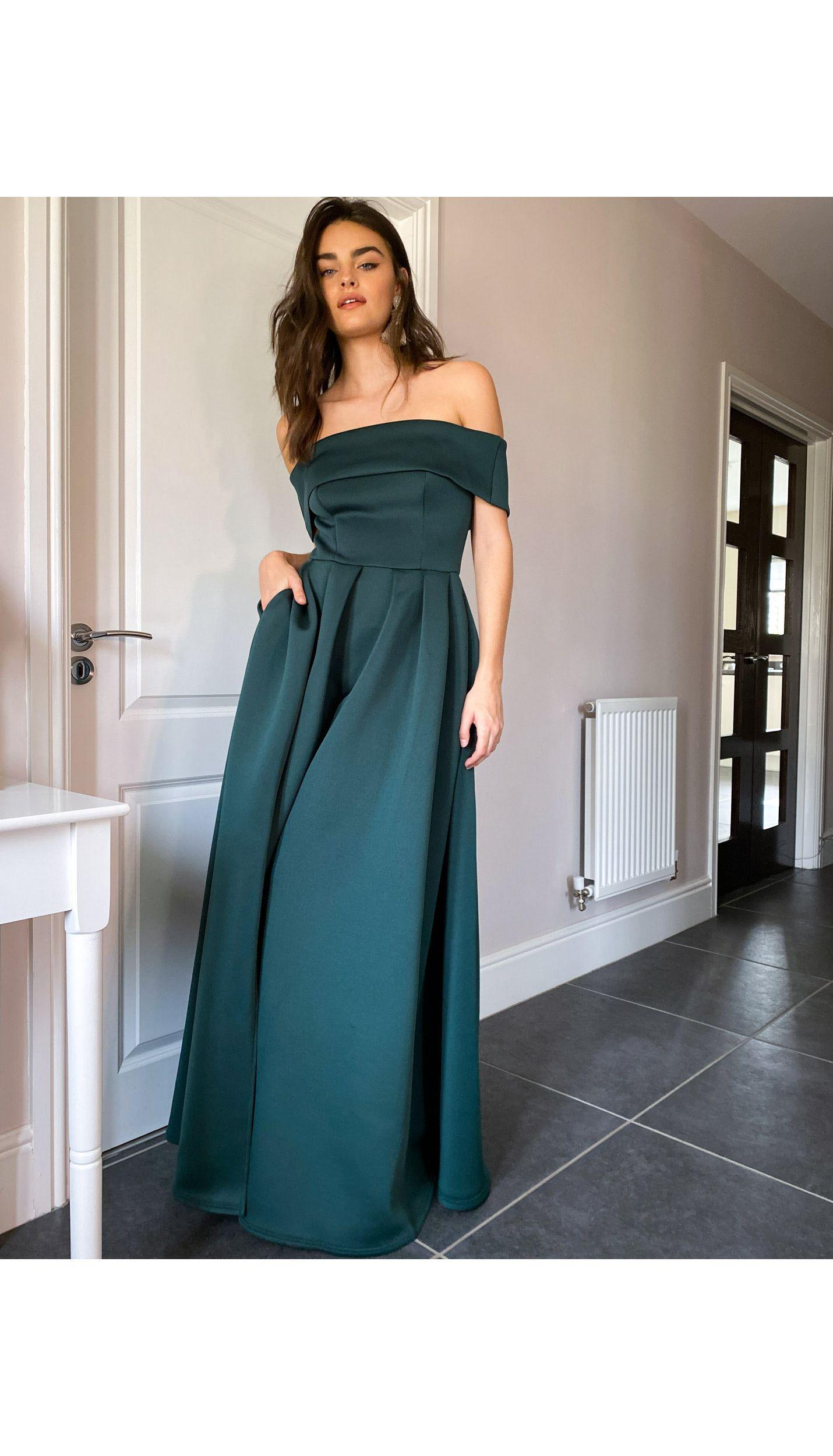True Violet Synthetic Black Label Folded Bardot Thigh Split Maxi Prom Dress  With Pockets in Green | Lyst Canada