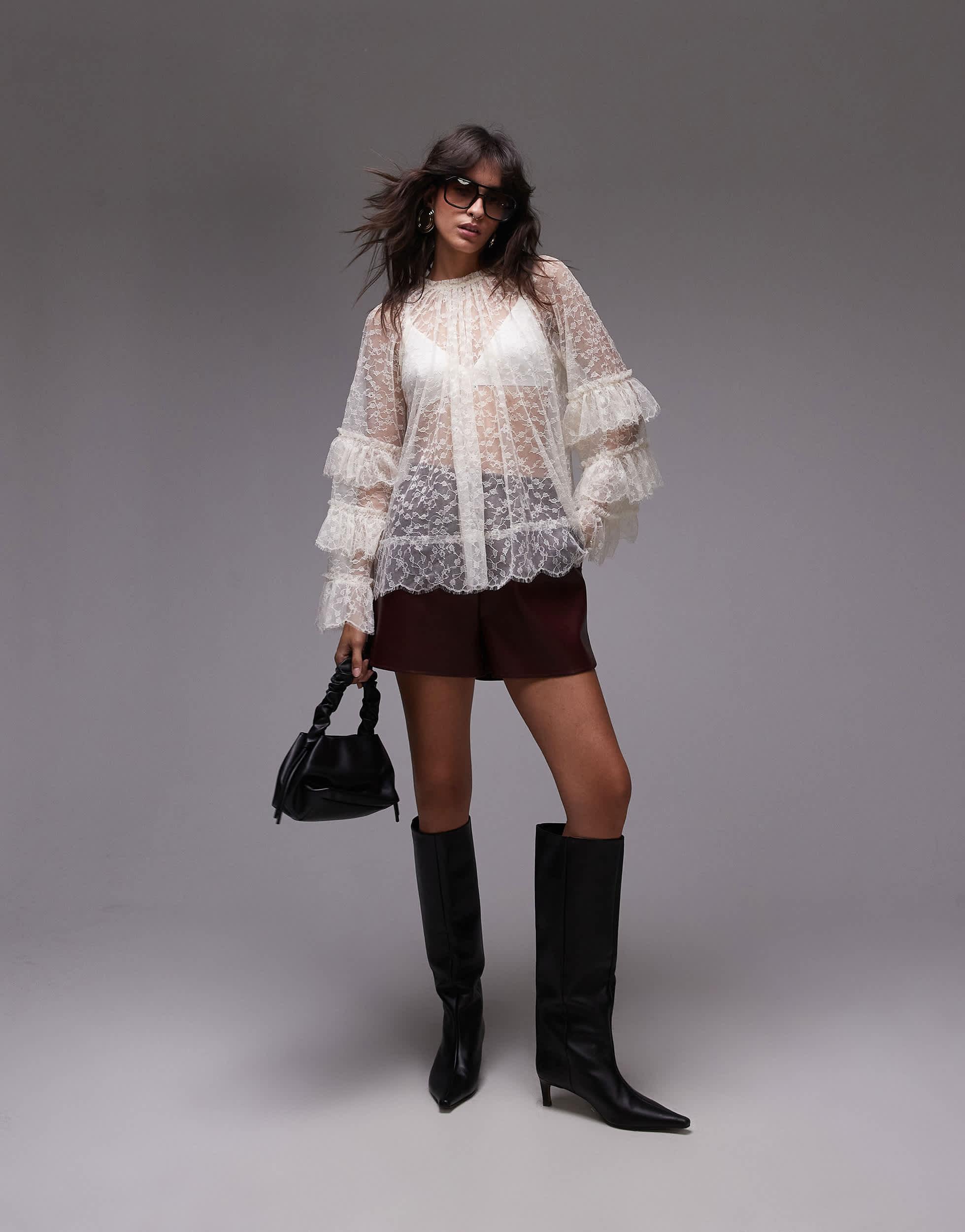 TOPSHOP All Over Lace Top in Brown | Lyst