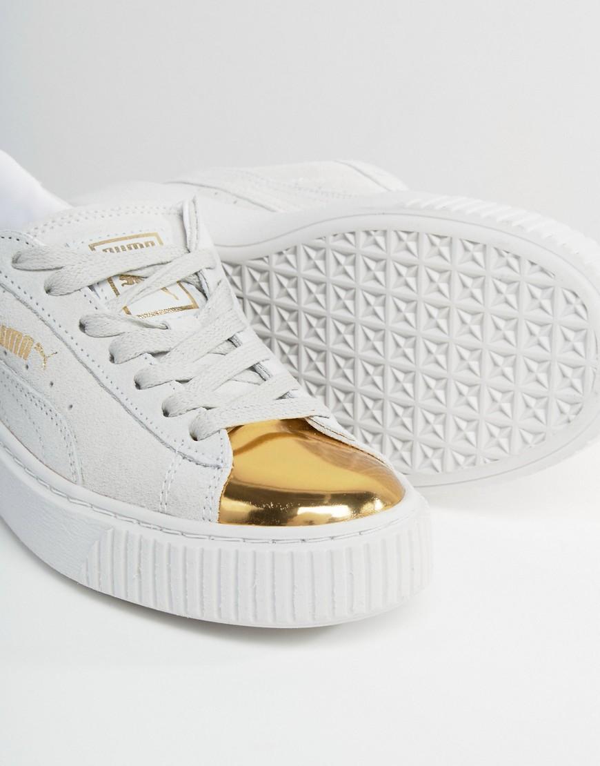 PUMA Suede Platform In White With Gold Toe Cap | Lyst