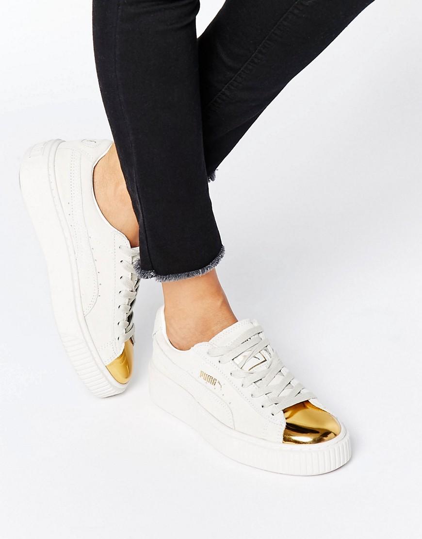 PUMA Suede Platform Trainers In White With Gold Toe Cap | Lyst