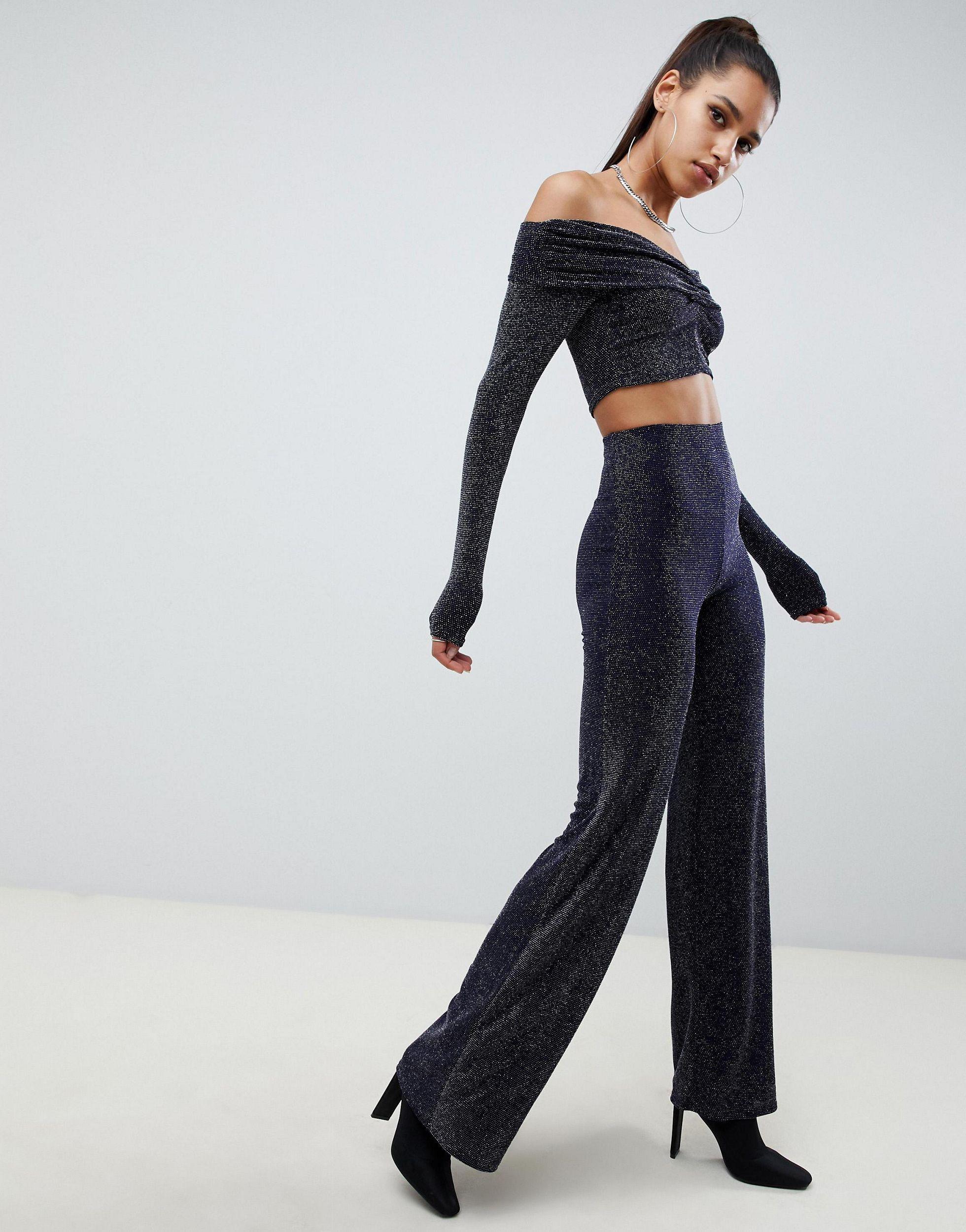 Pantalon coupe large paillettes ensemble Bleu marine