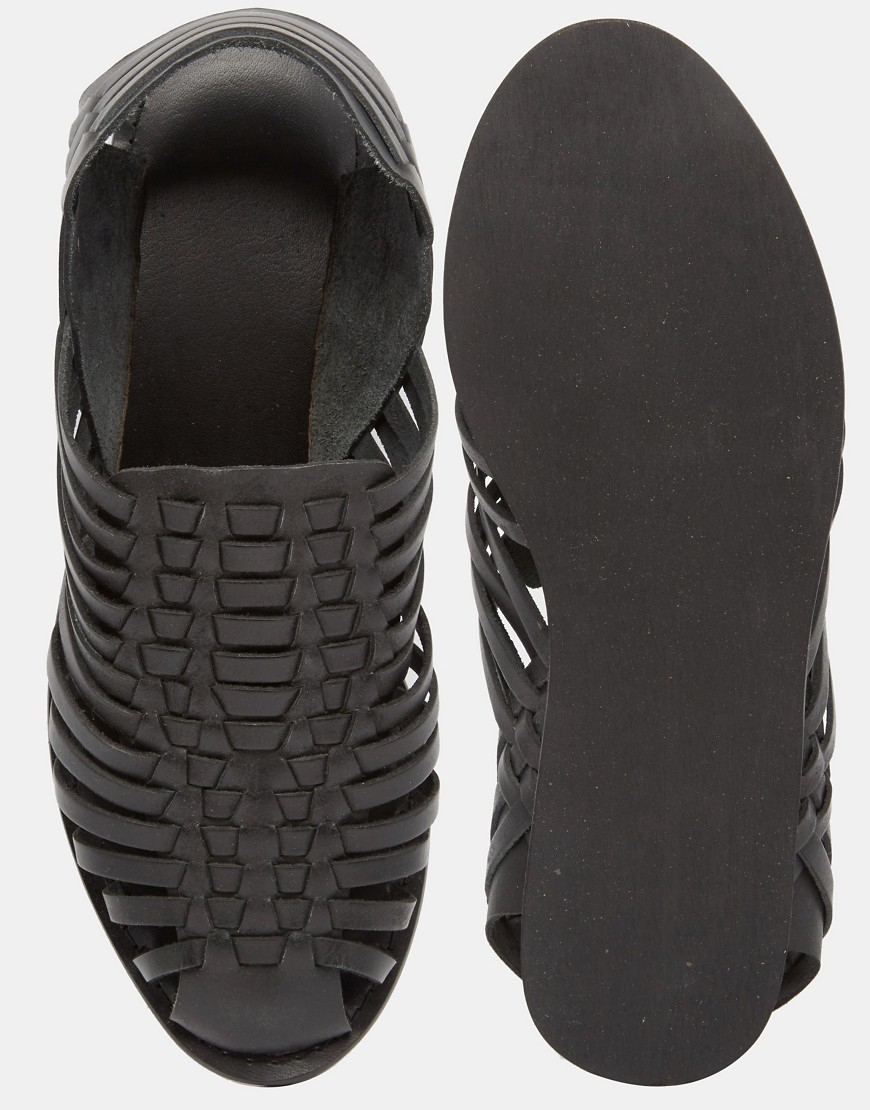 black leather woven sandals