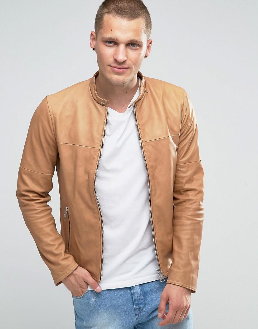 Replay Leather Biker Jacket In Tan in Brown for Men - Lyst