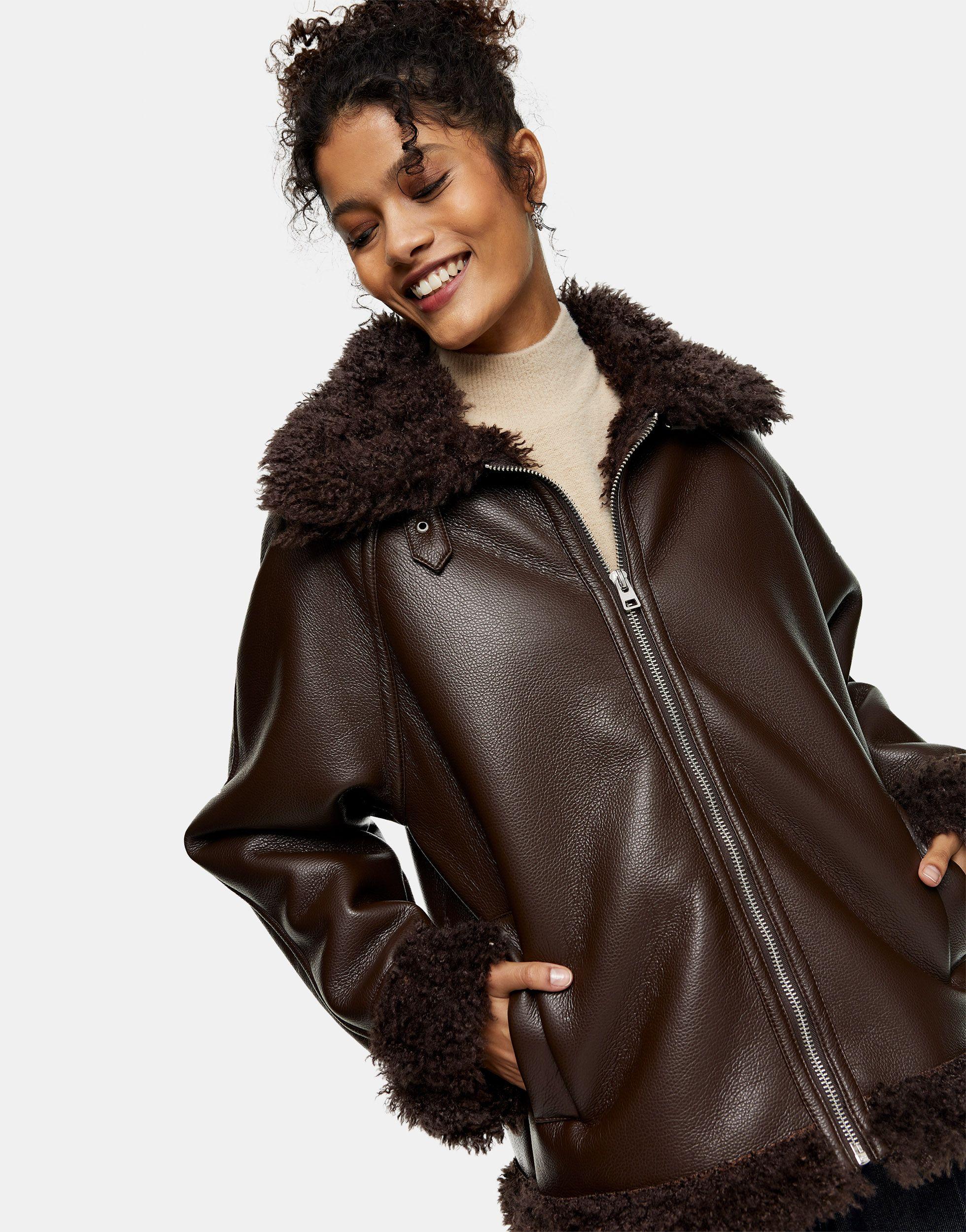TOPSHOP Faux-leather Biker Jacket With Faux-fur Trim in Brown | Lyst