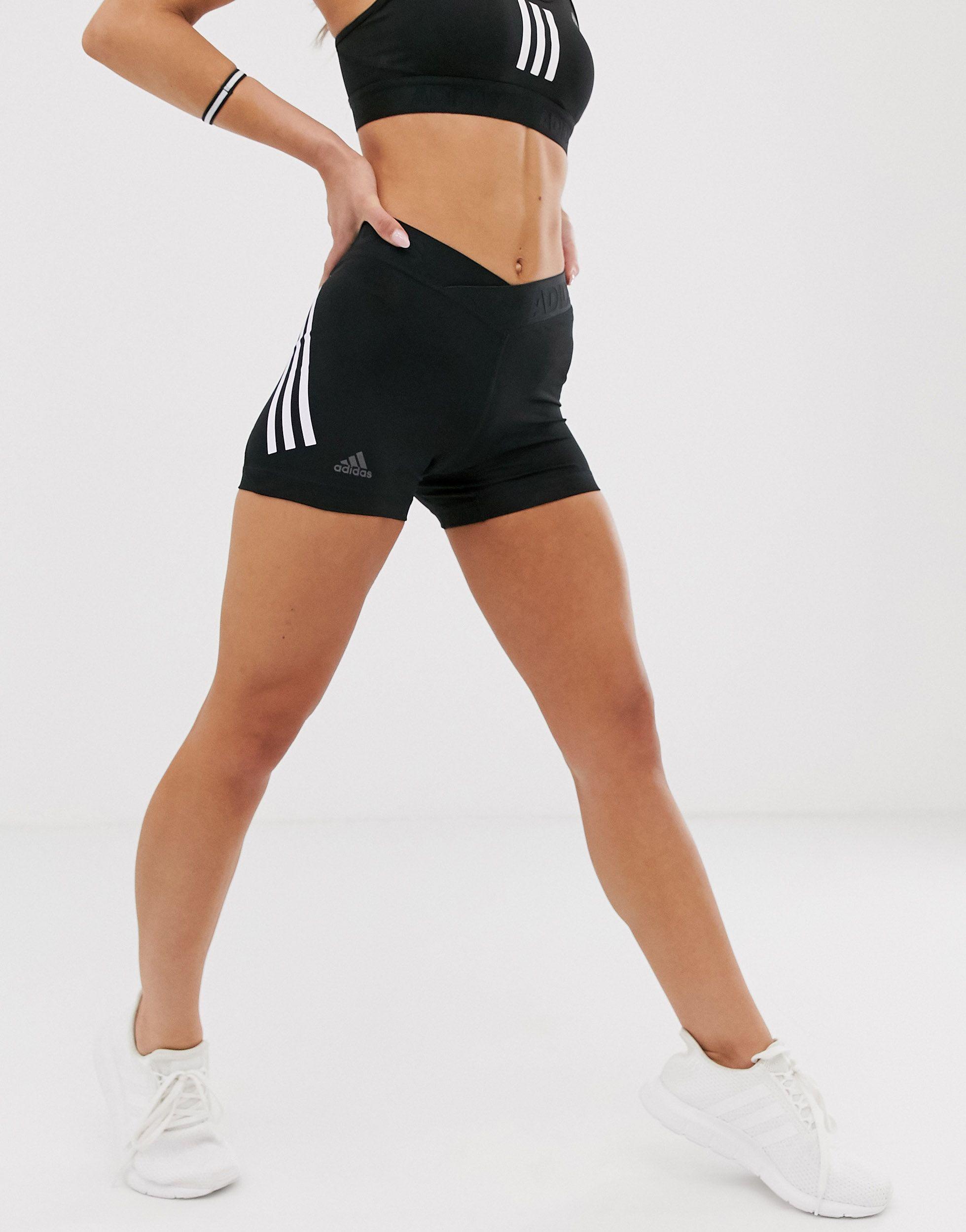 adidas training 3 stripe booty shorts in black