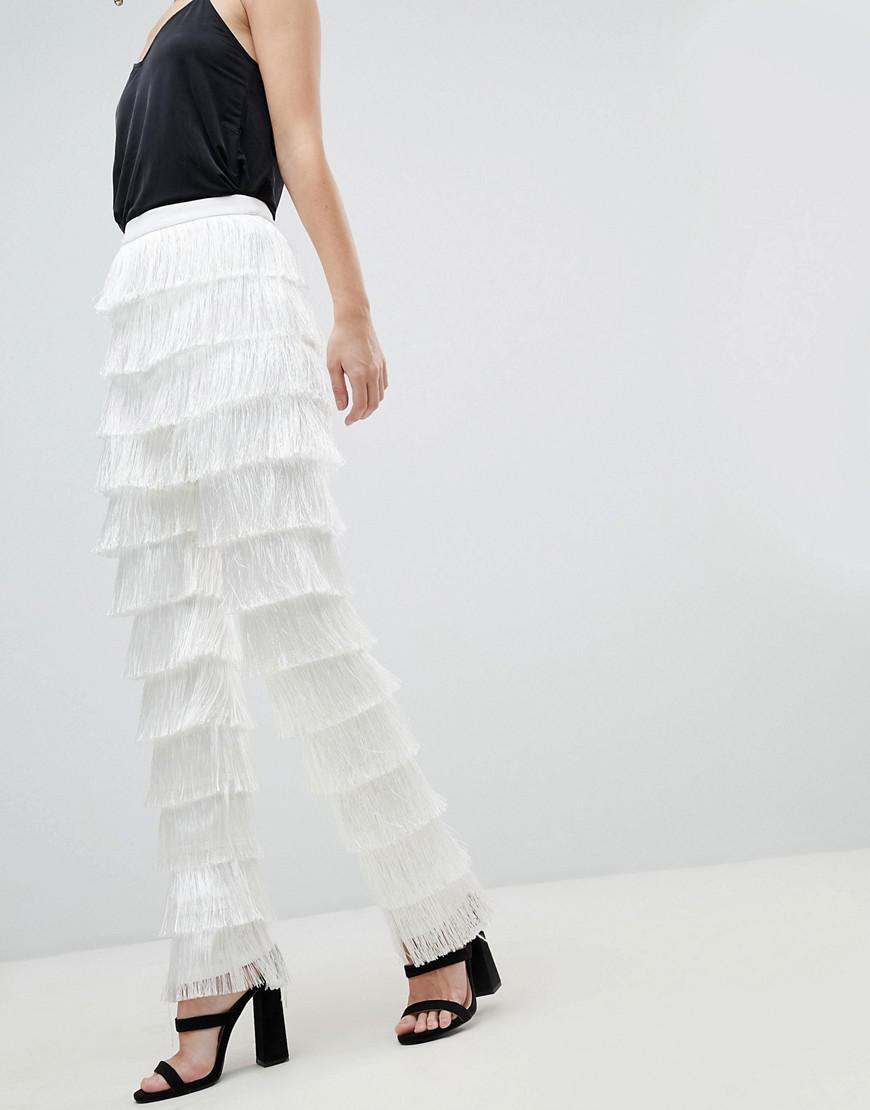 Lavish Alice Fringed Tapered Leg Trousers in White | Lyst