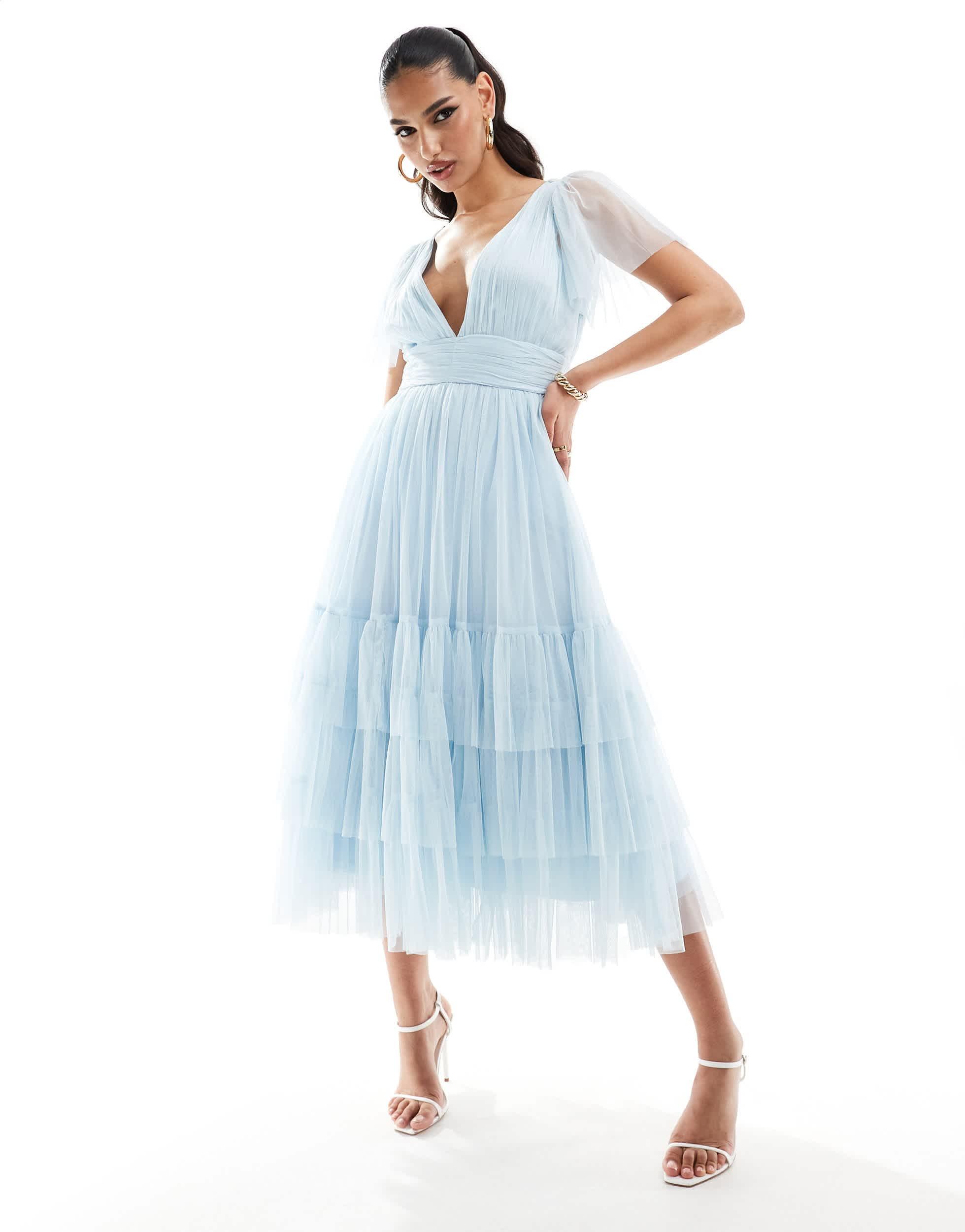 LACE & BEADS Bridesmaid Madison V Neck Tulle Midi Dress in Blue | Lyst