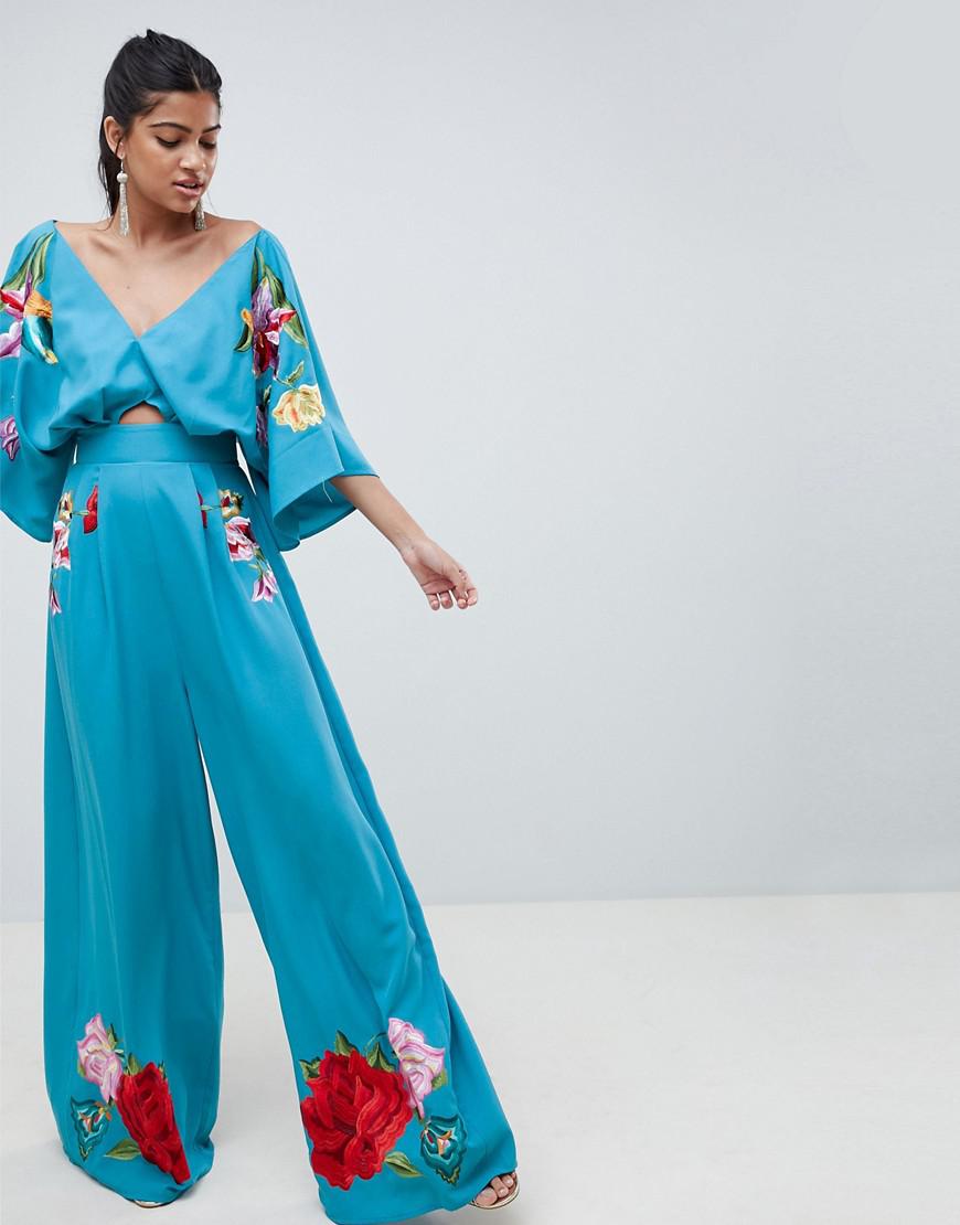 ASOS Denim Embroidered Kimono Jumpsuit in Blue - Lyst