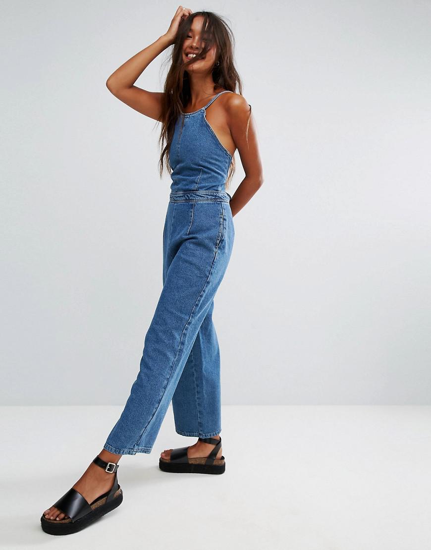 ASOS Denim Jumpsuit With Lace Up Back In Vintage Wash in Blue | Lyst