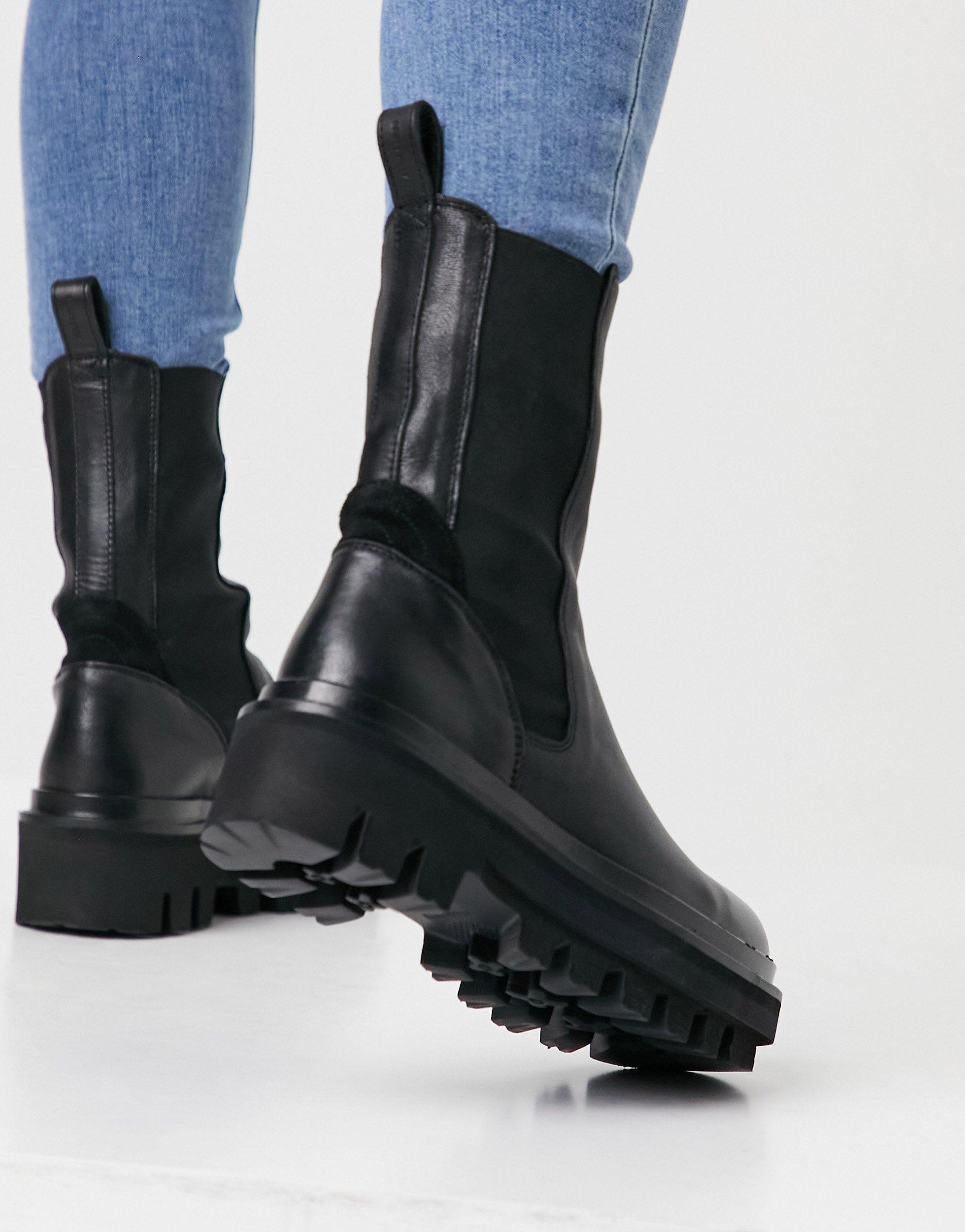 AllSaints Billie Tall Chunky Leather Chelsea Boots in Black | Lyst Australia
