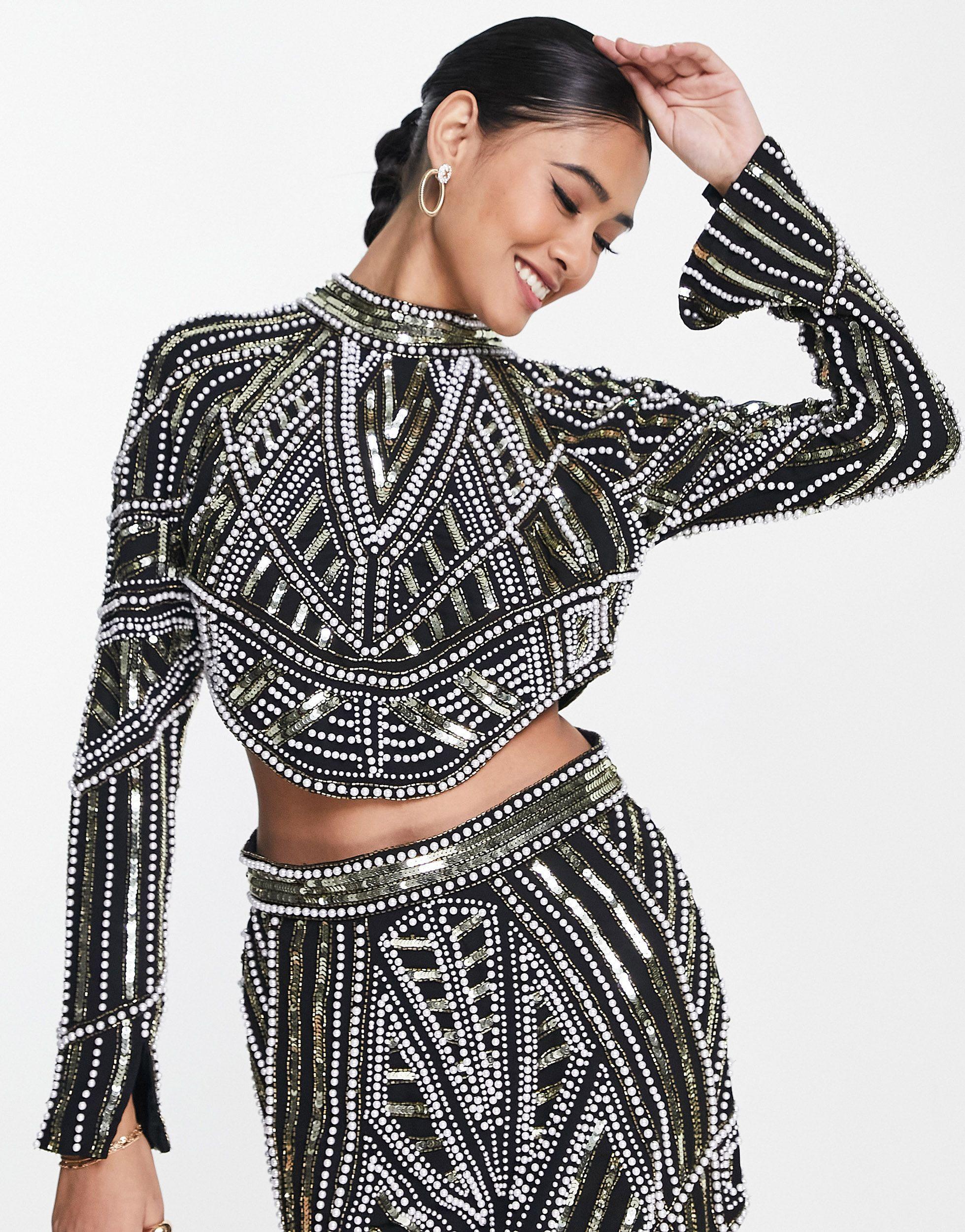 ASOS Co-ord High Neck Top With Pearl And Sequin Embellishment in Black |  Lyst UK