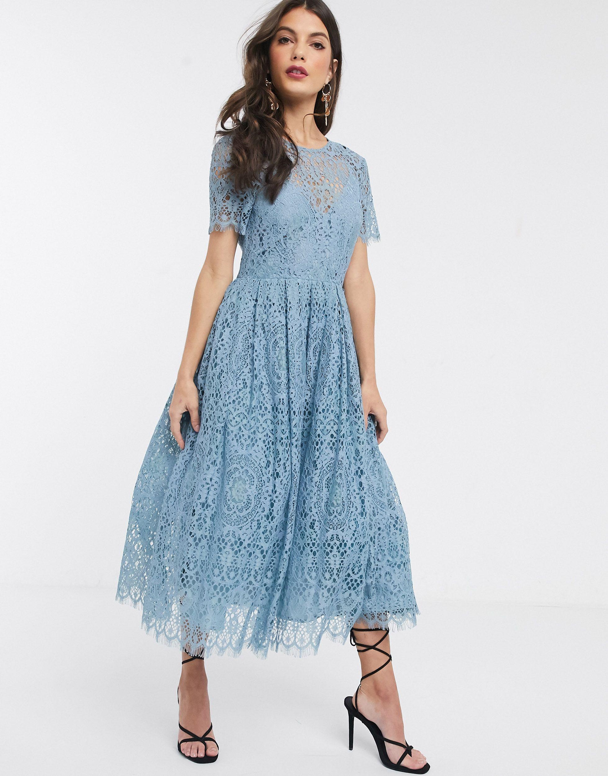 ASOS Lace Midi Dress With Ribbon Tie And Open Back blue Lyst
