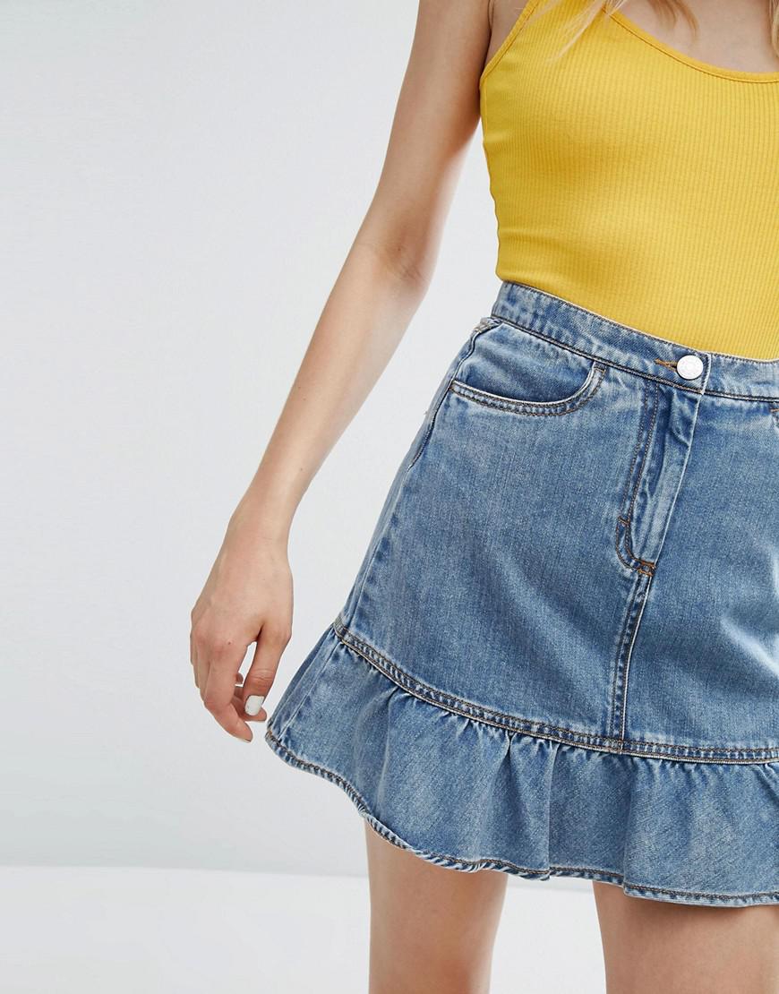 denim skirt with frill at bottom