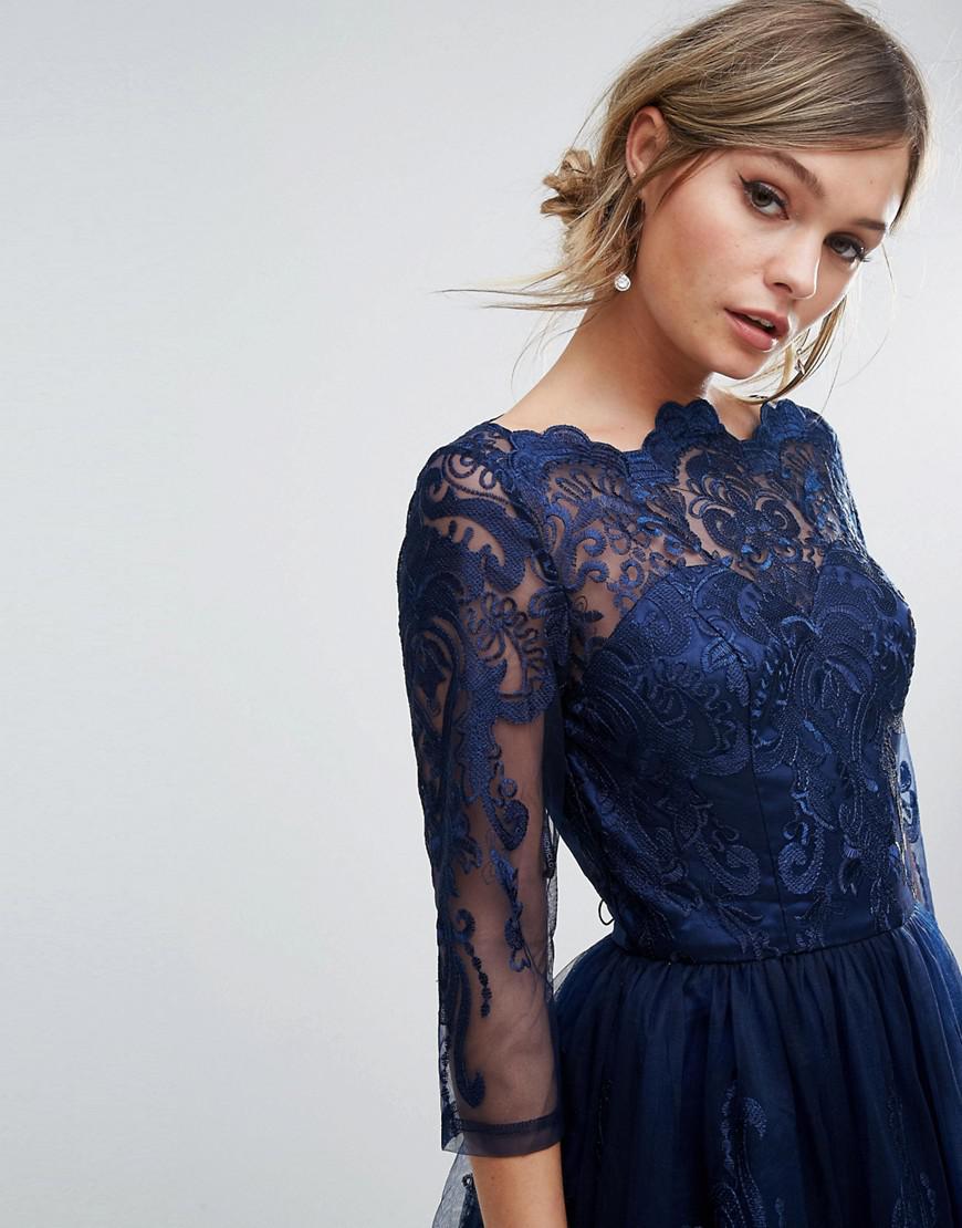 Chi Chi London Premium Lace Midi Dress With 3/4 Length Sleeve in Blue | Lyst