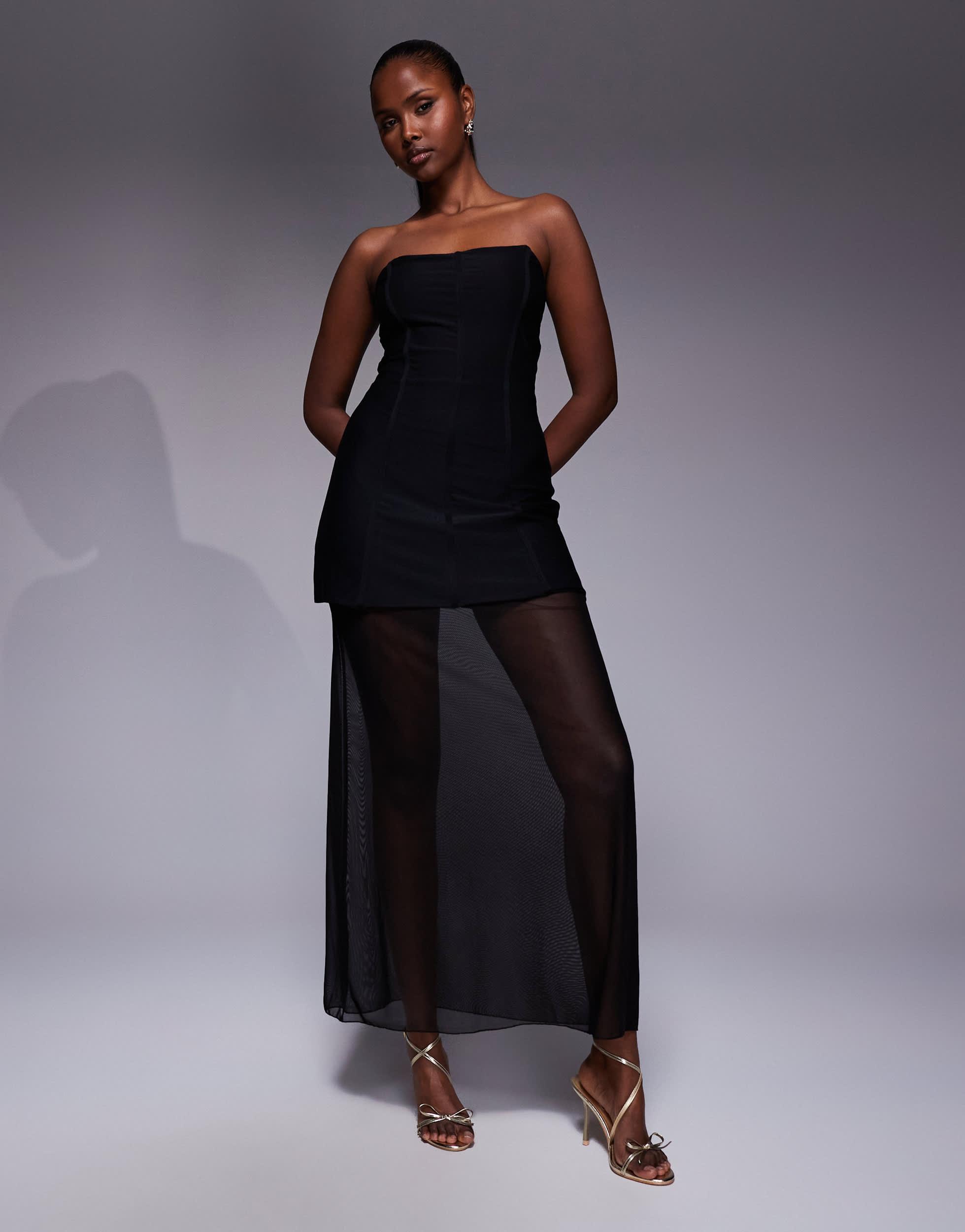 Kaiia Exclusive Structured Bandeau Contrast Skirt Sheer Hem Maxi Dress in  Blue | Lyst
