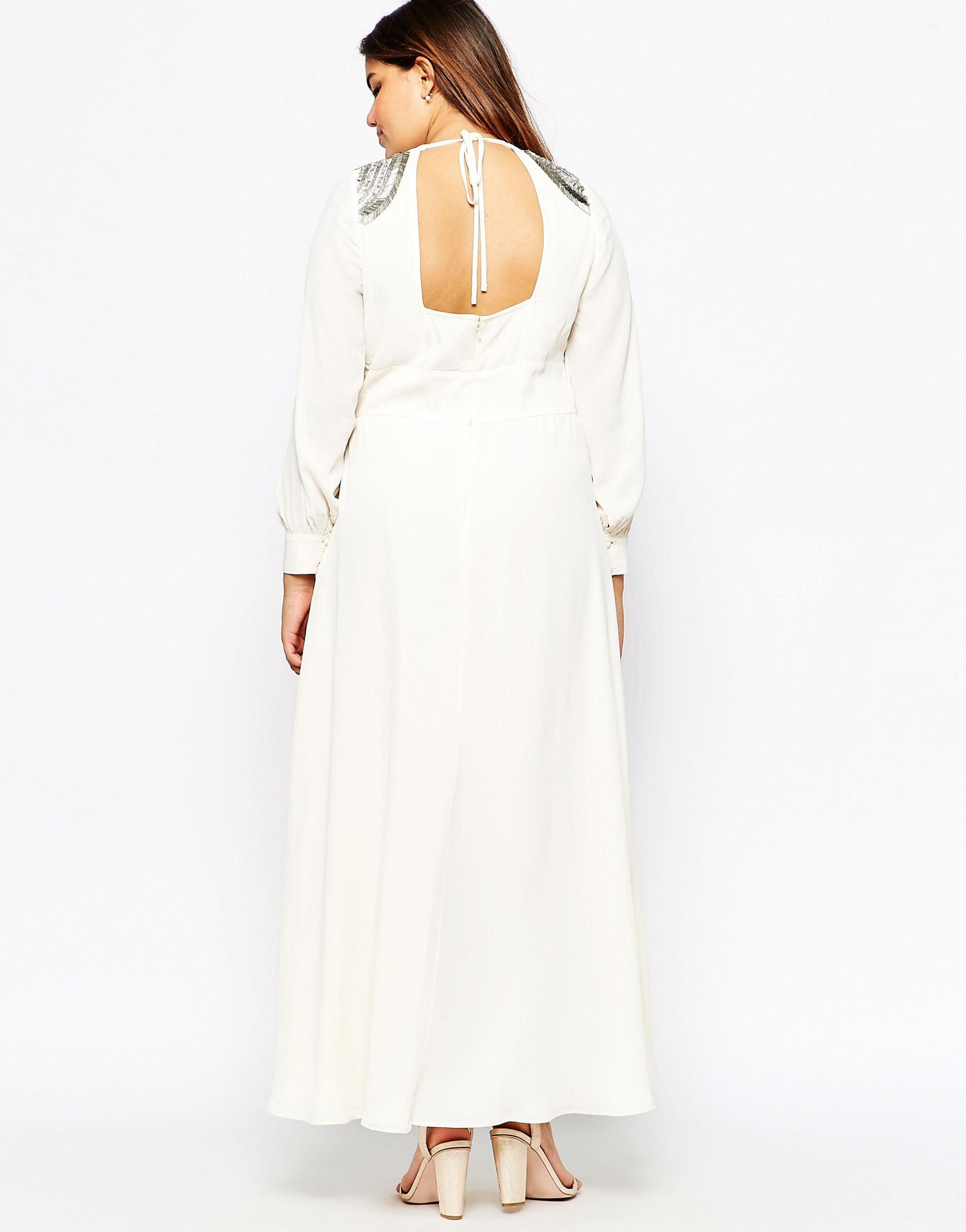 ASOS '70s' Maxi Dress With Embellished Shoulder in White | Lyst
