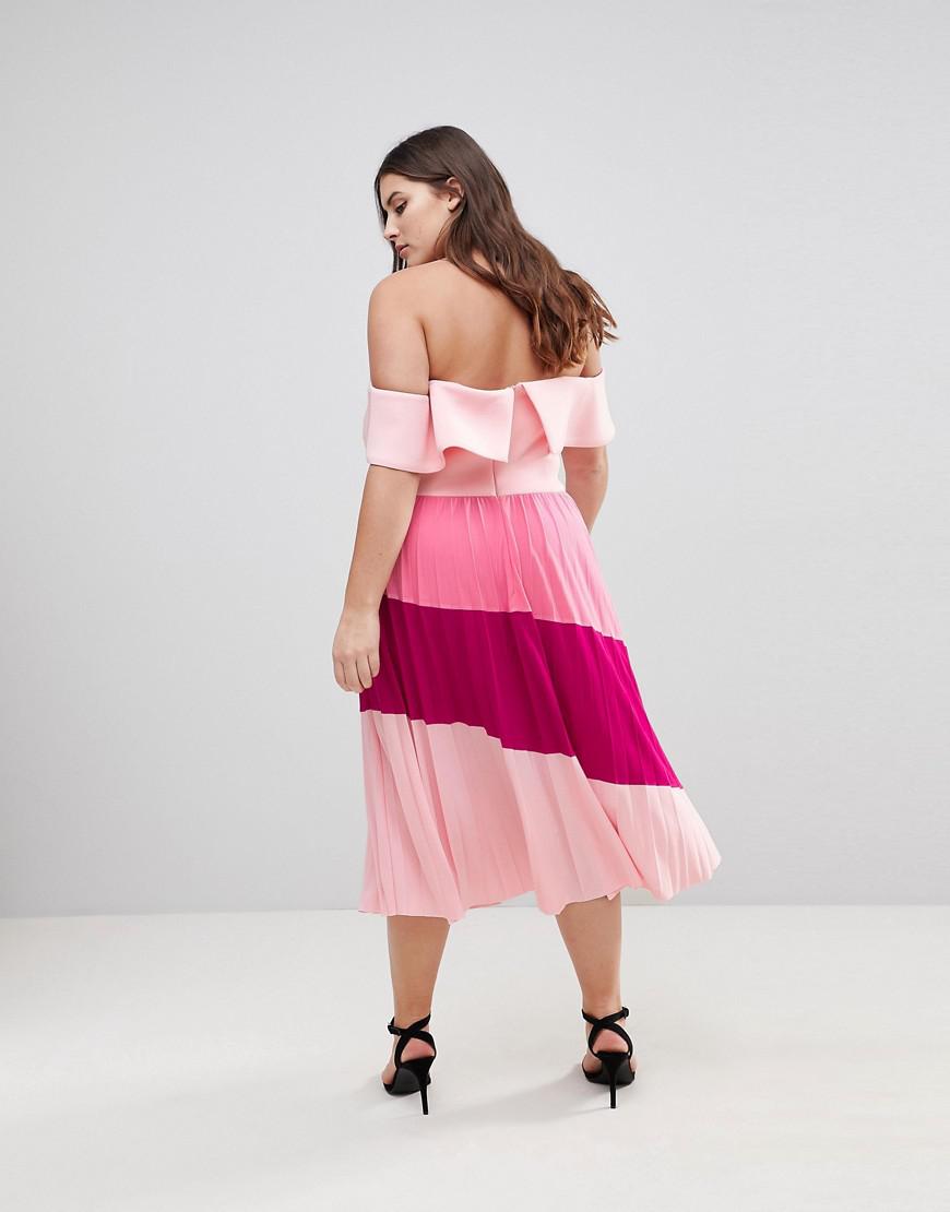asos scuba bardot colourblock pleated midi dress