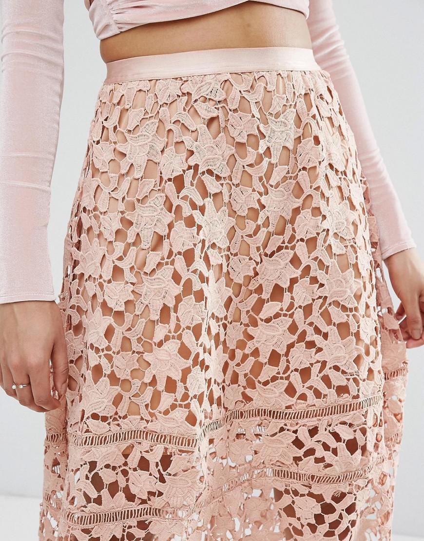 Missguided Premium Pink Crochet Lace Full Midi Skirt | Lyst