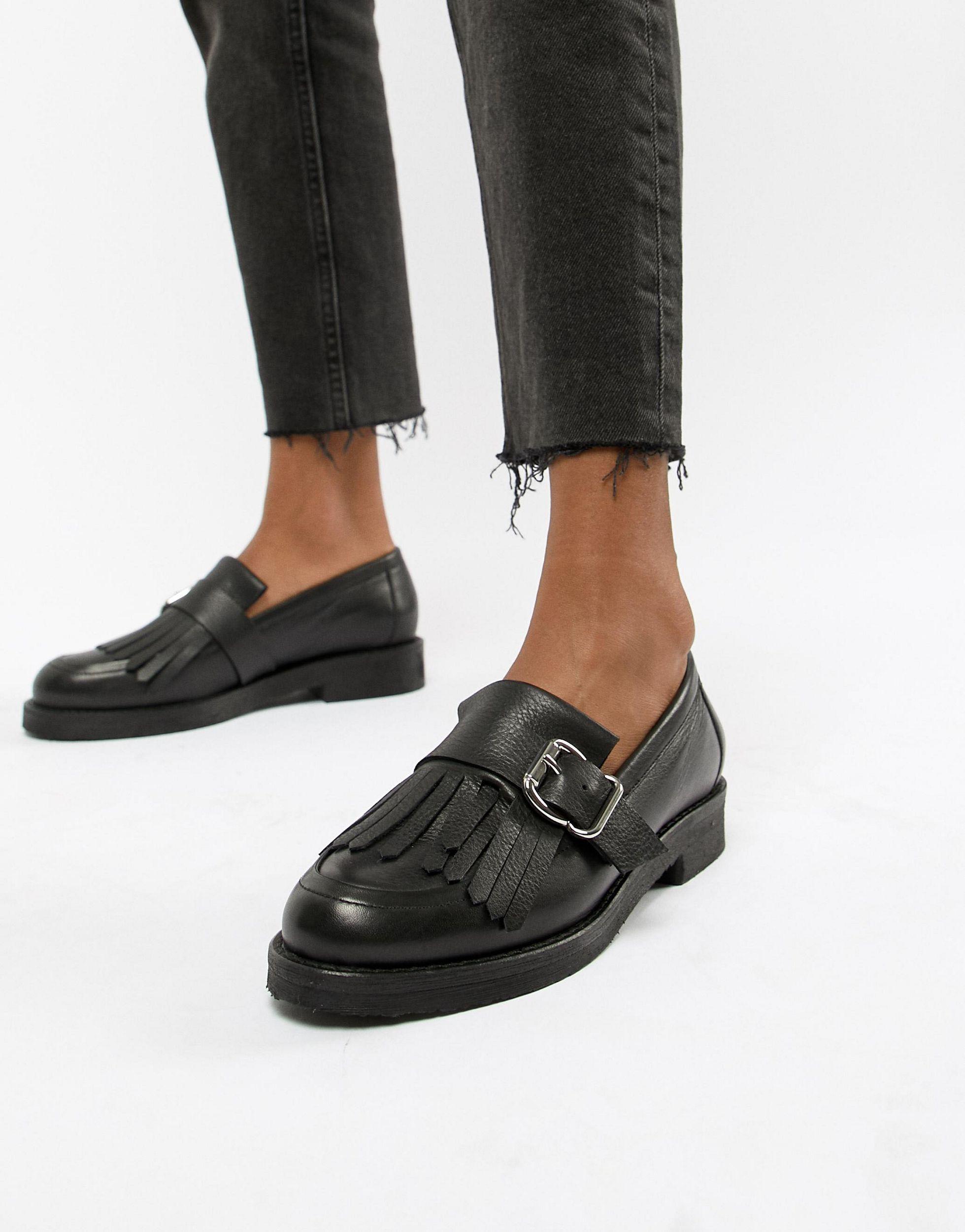 Office Fisher Chunky Leather Fringed Buckle Loafers in Black |