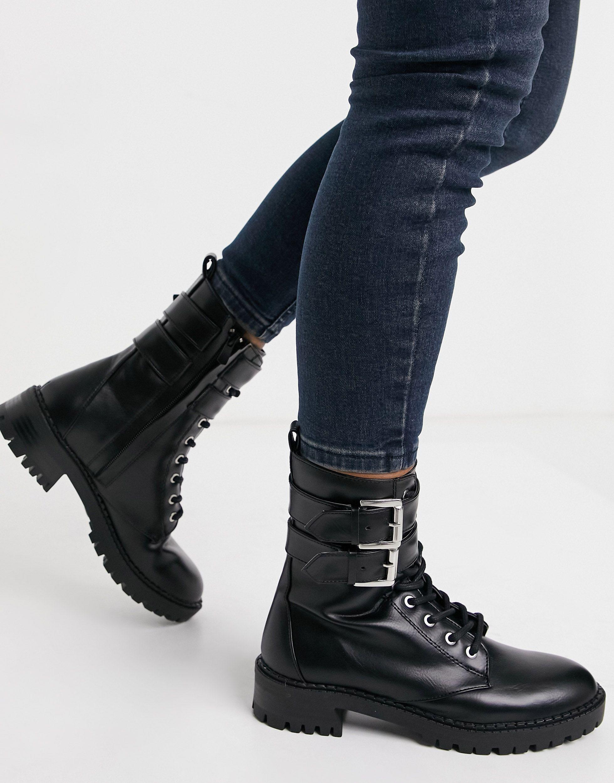 bershka lace up biker boot with sole detail in black