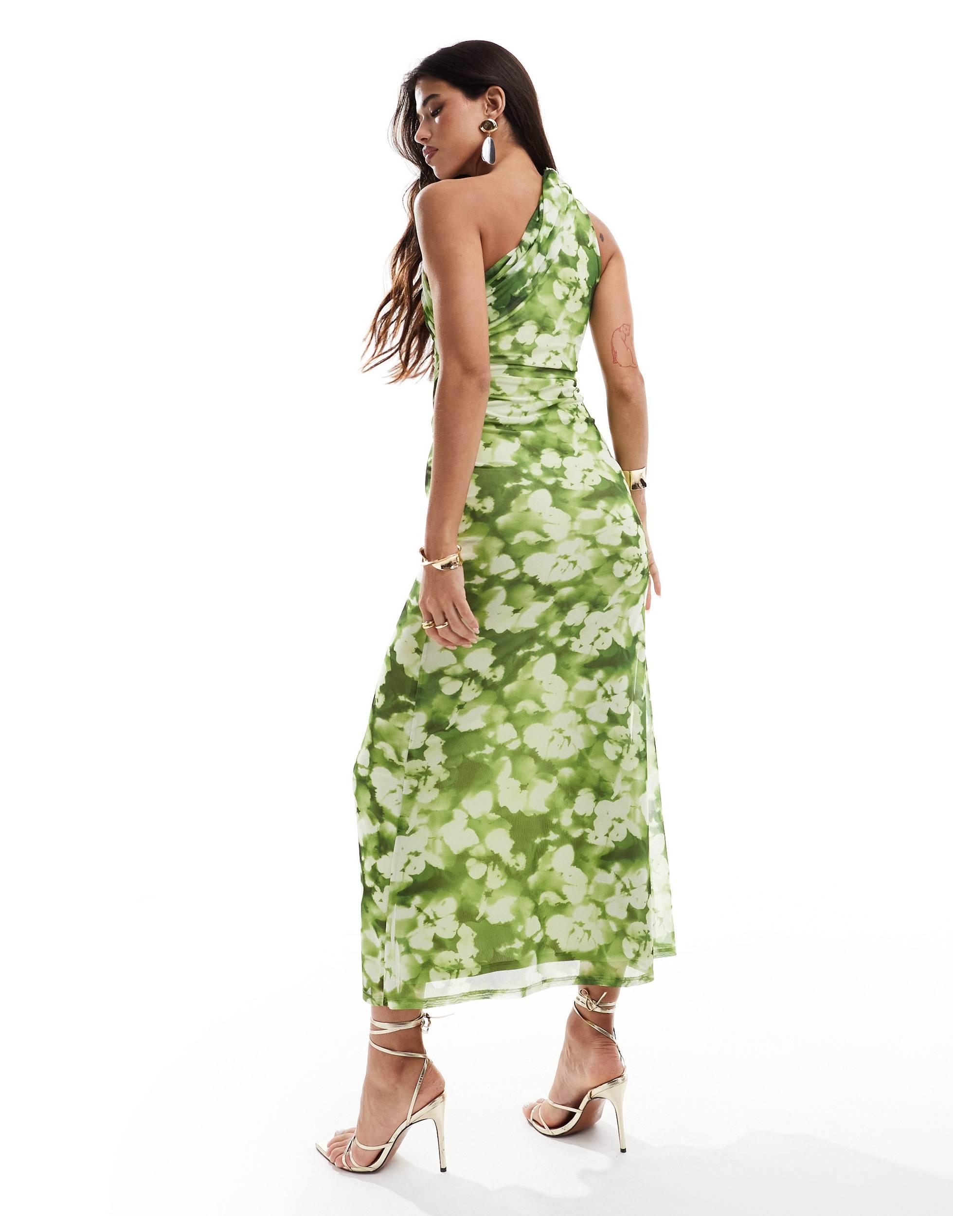 Robe asymétrique mi-longue en tulle imprimé fleuri avec détail