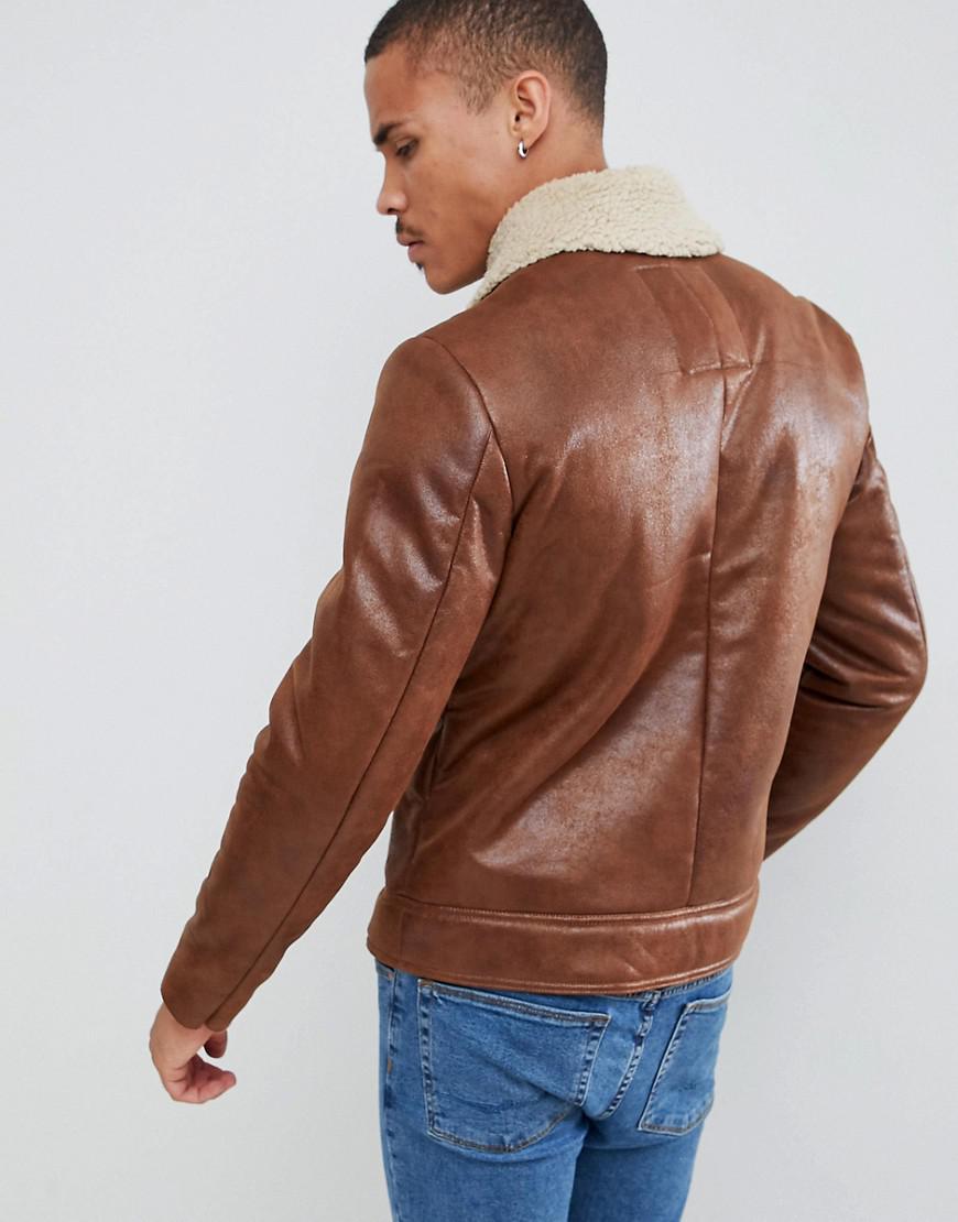 Jack Jones Brown Originals Faux Leather Flight Jacket With Full Teddy Lining For Men