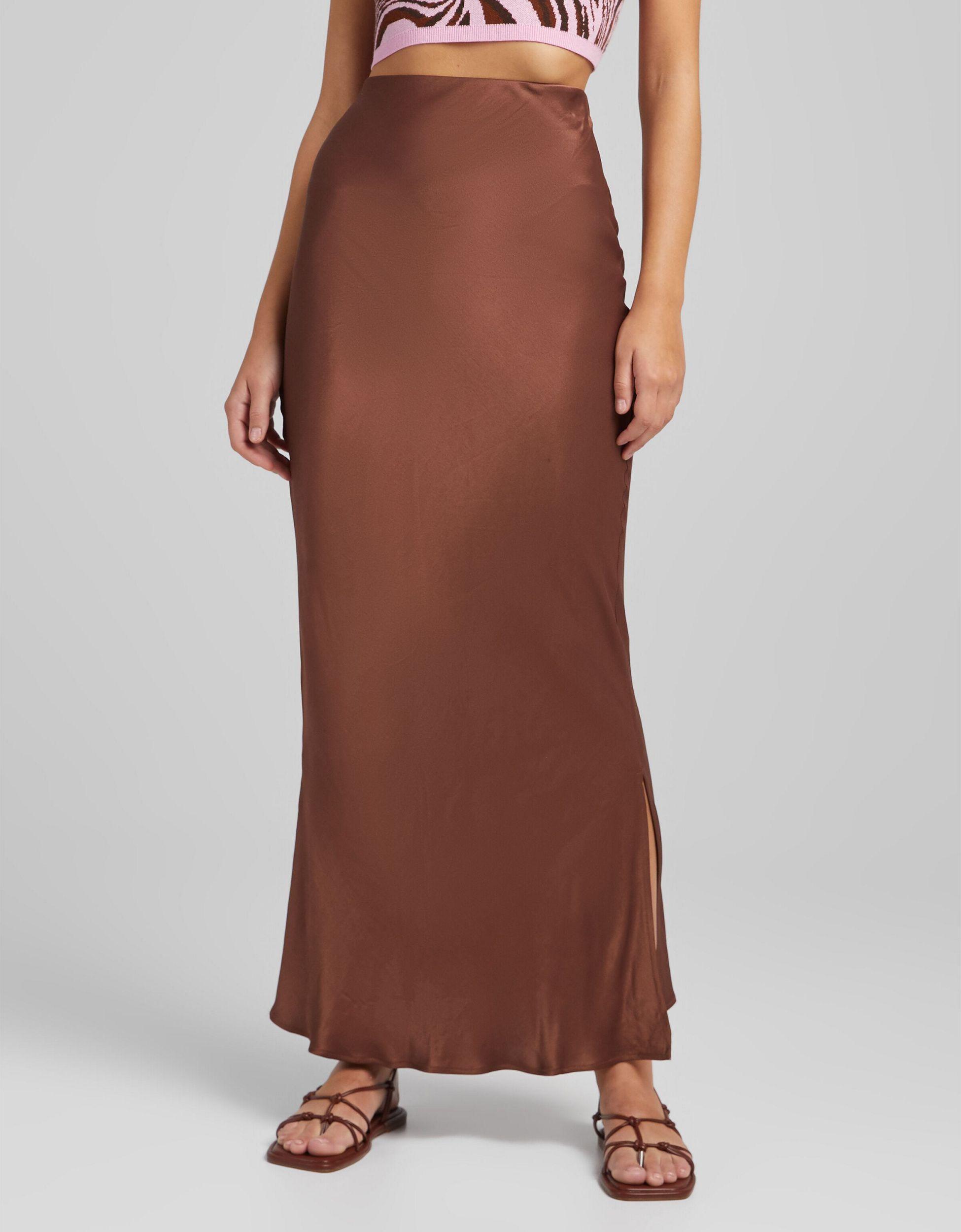 Bershka Satin Midi Skirt in Brown | Lyst