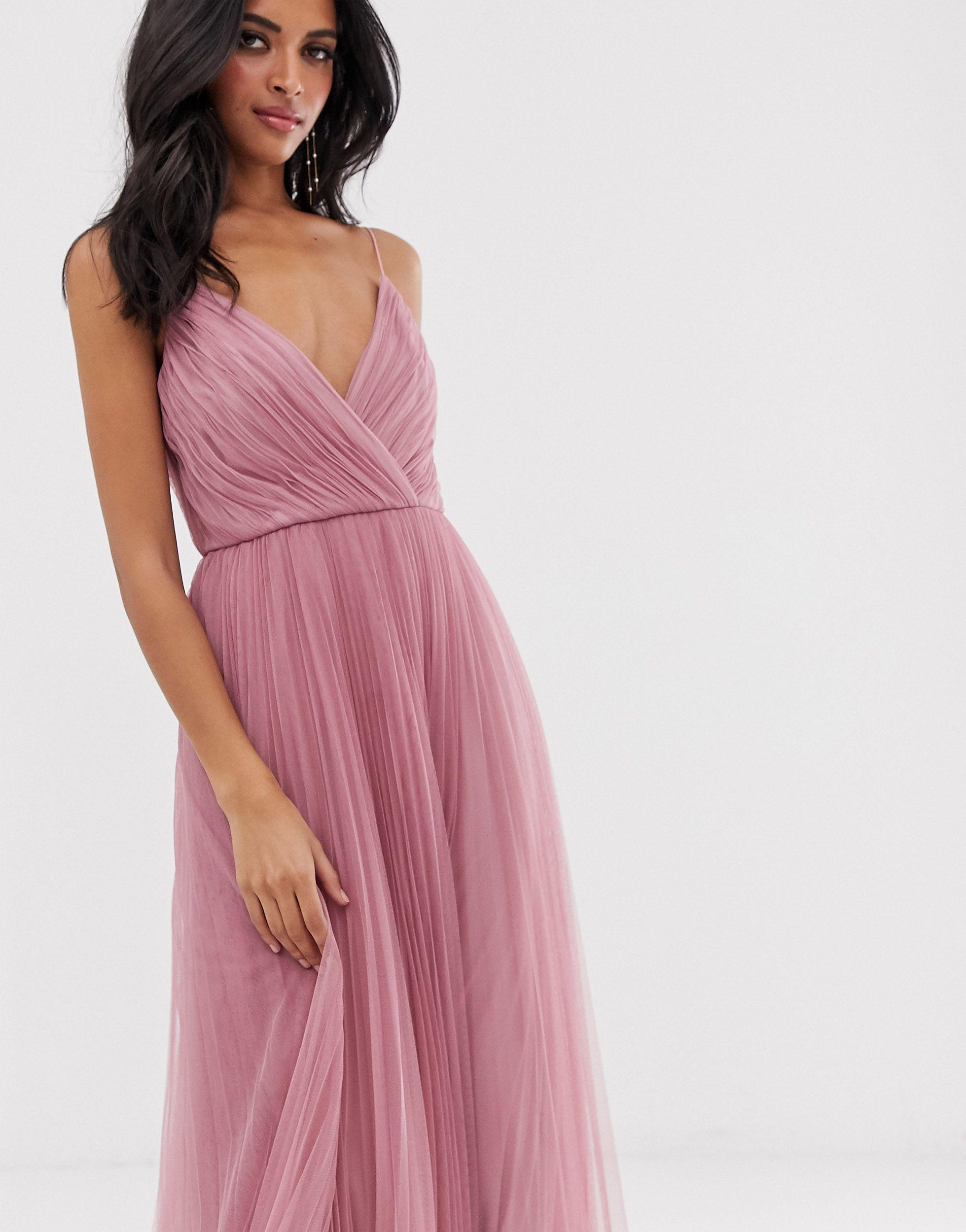ASOS Cami Pleated Tulle Maxi Dress in Pink | Lyst