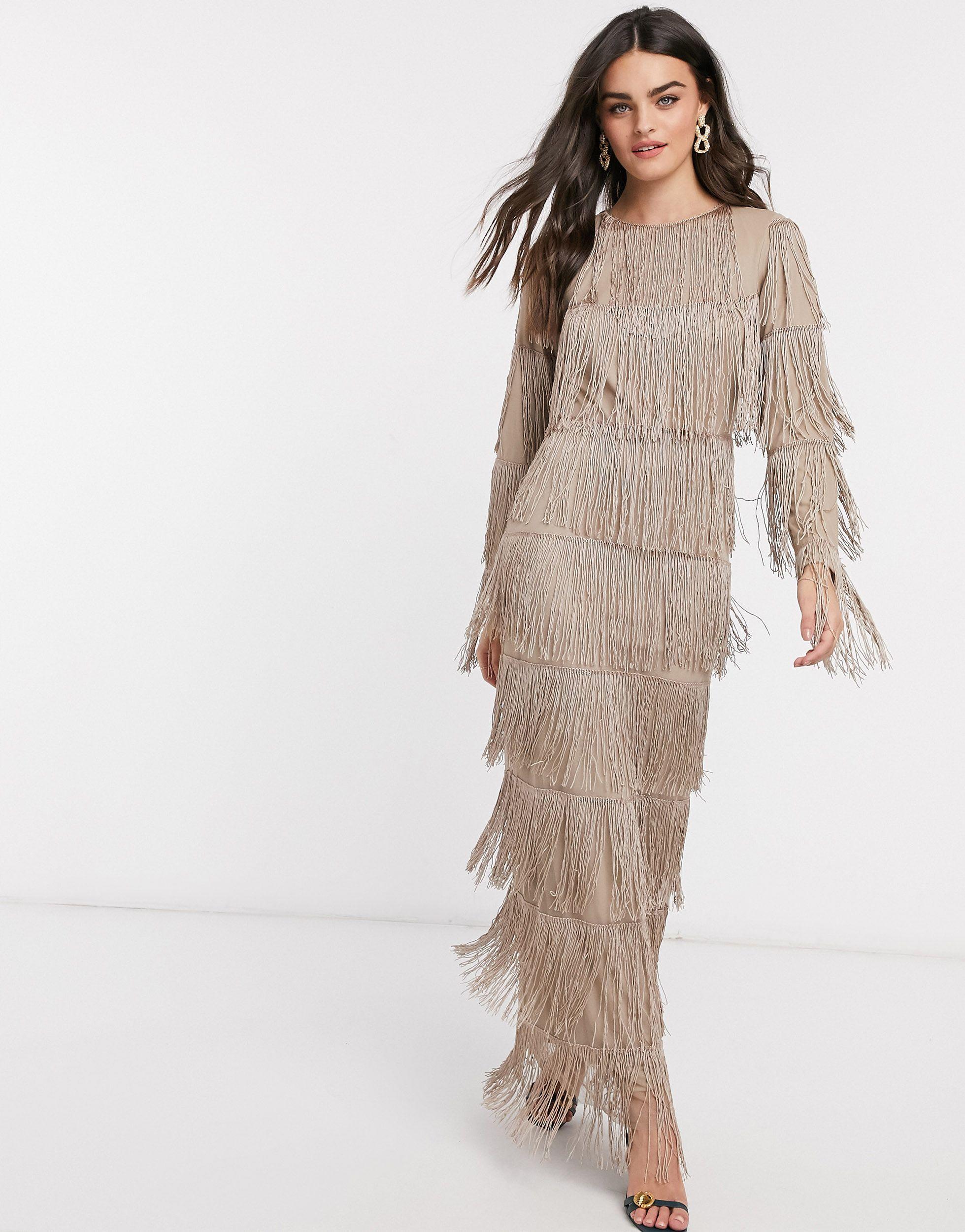 ASOS Long Sleeve Fringe Column Maxi Dress in Natural | Lyst
