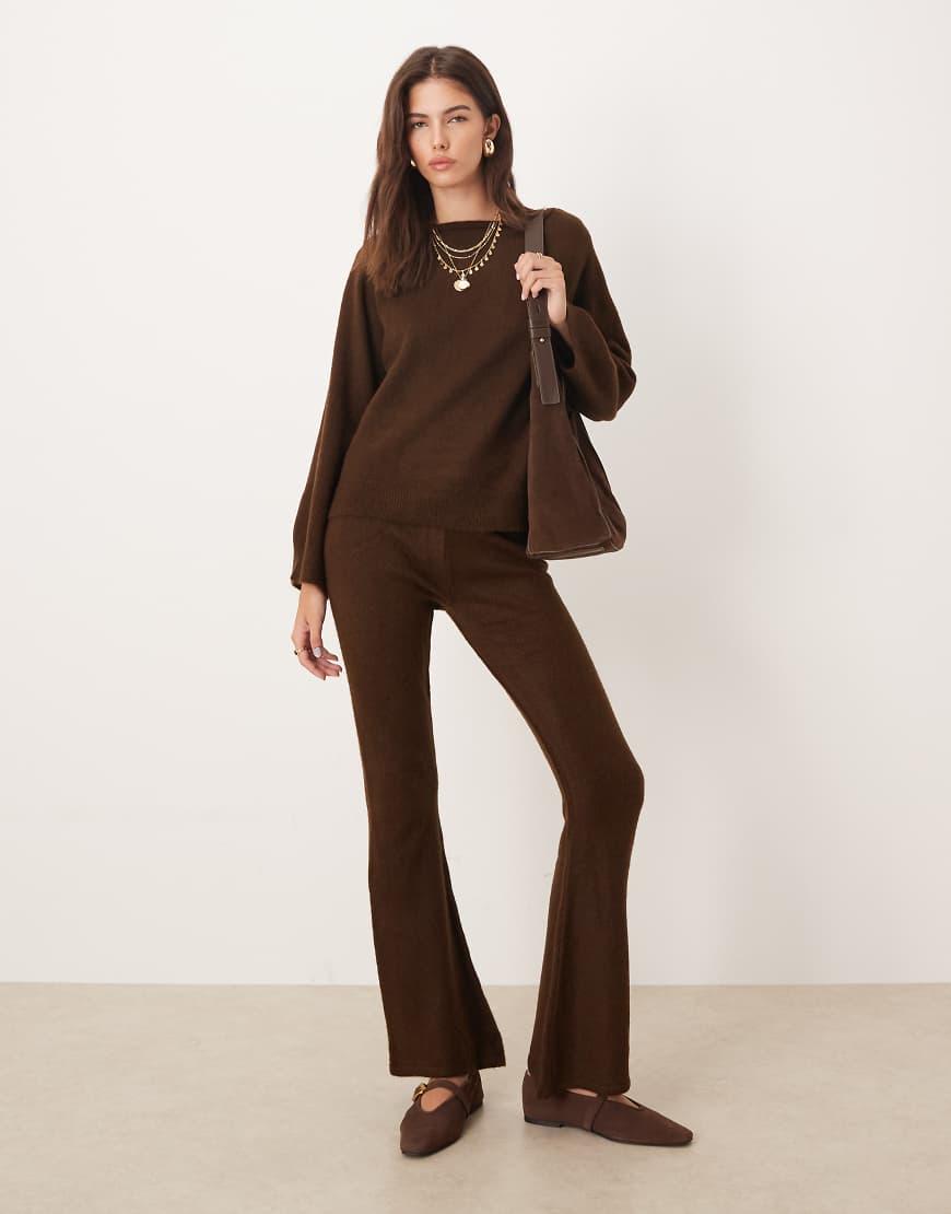 ASOS Fluffy Knitted Flared Trousers Co-ord in Natural Lyst UK