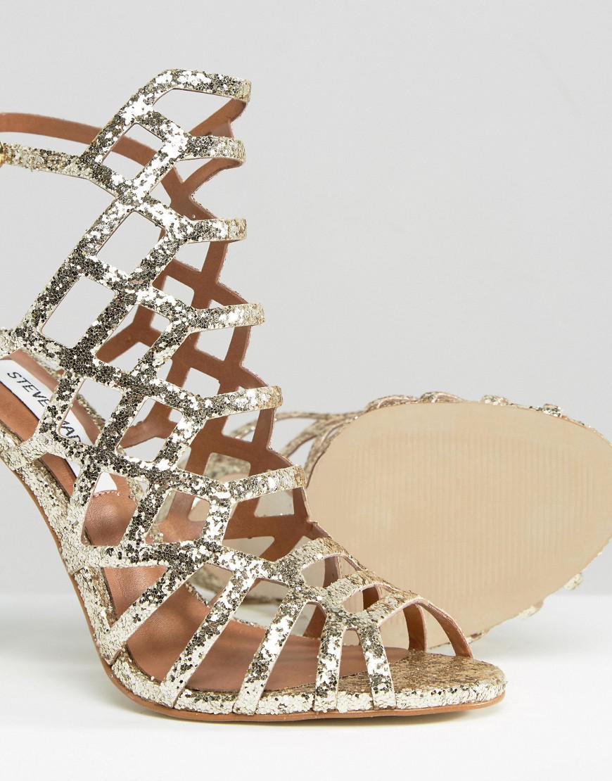 Steve Madden Slithur Gold Glitter Caged Heeled Sandals in Metallic | Lyst
