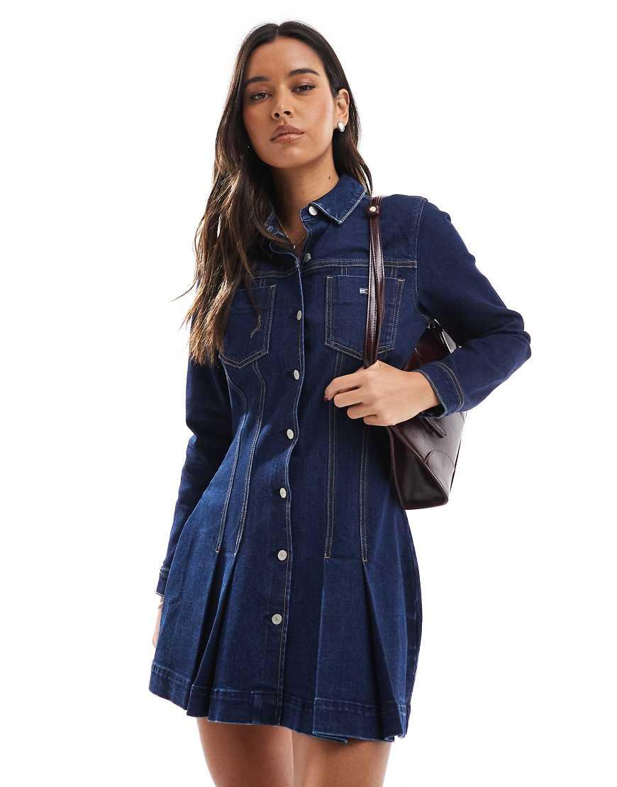 tommy hilfiger denim dress Women's Short Sleeve Belted Dress, MID Blue 0 at Amazon Women's Clothing store covered zip at the side Lightweight Denim Maxi Dress |