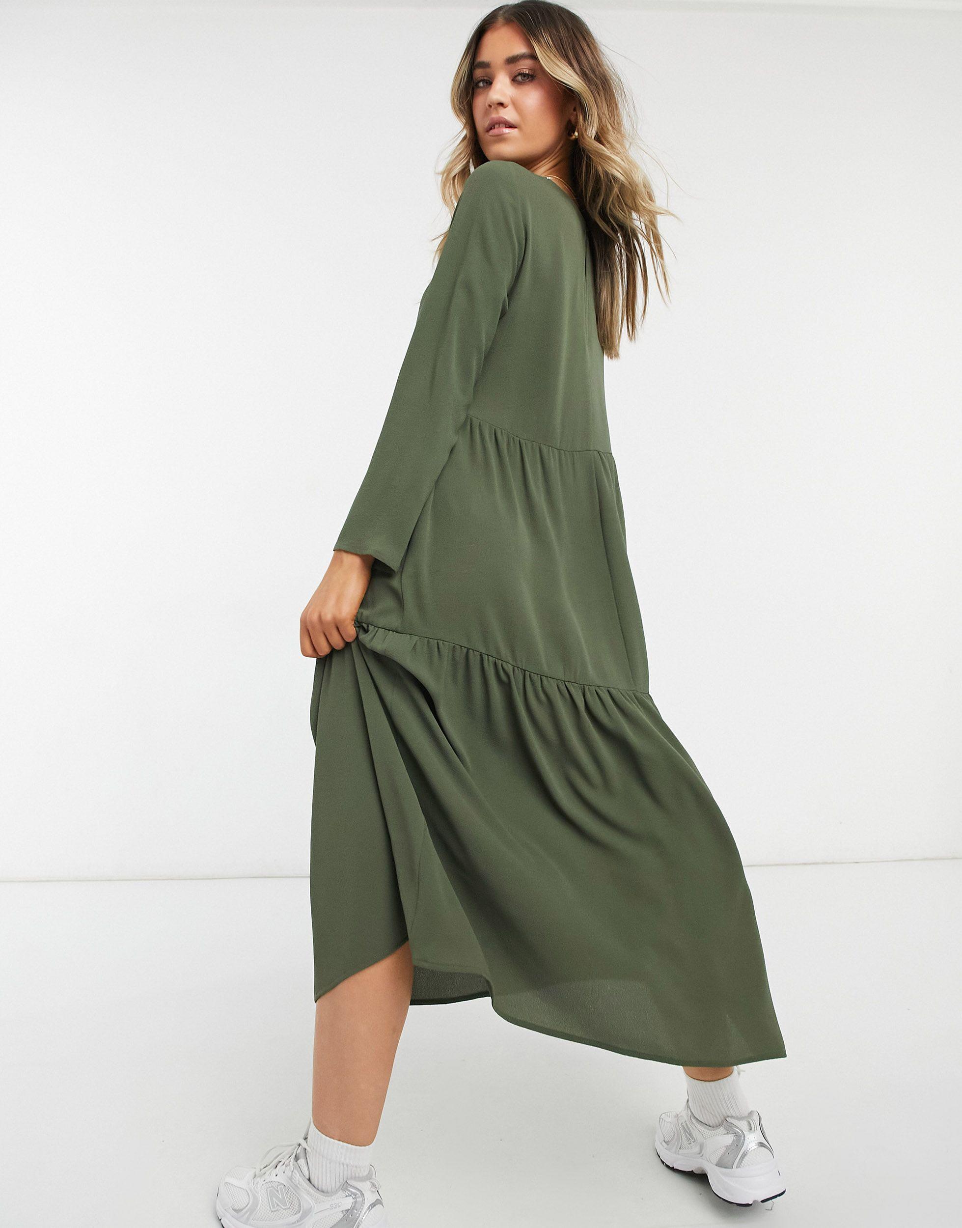 ASOS Long Sleeve Tiered Smock Midi Dress in Green | Lyst Canada