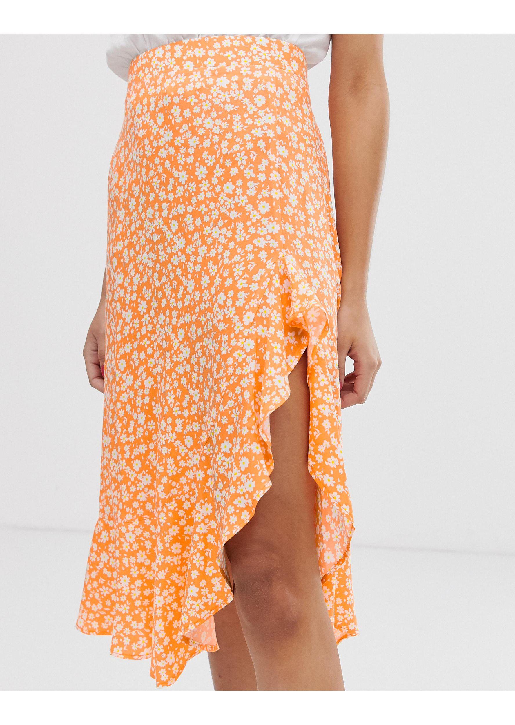 Bershka Denim Ditsy Floral Asymmetric Skirt in Orange | Lyst