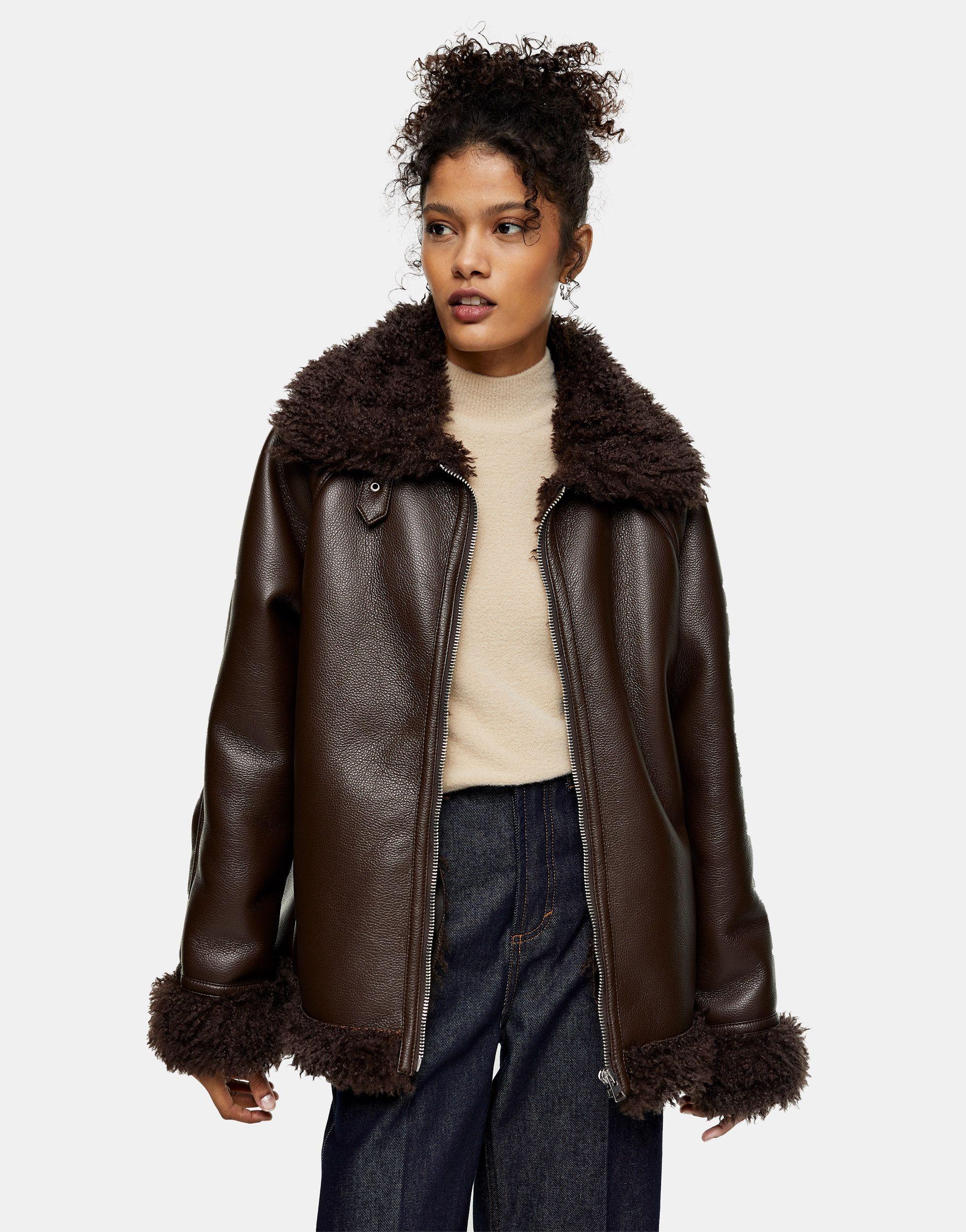 TOPSHOP Faux-leather Biker Jacket With Faux-fur Trim in Brown | Lyst Canada