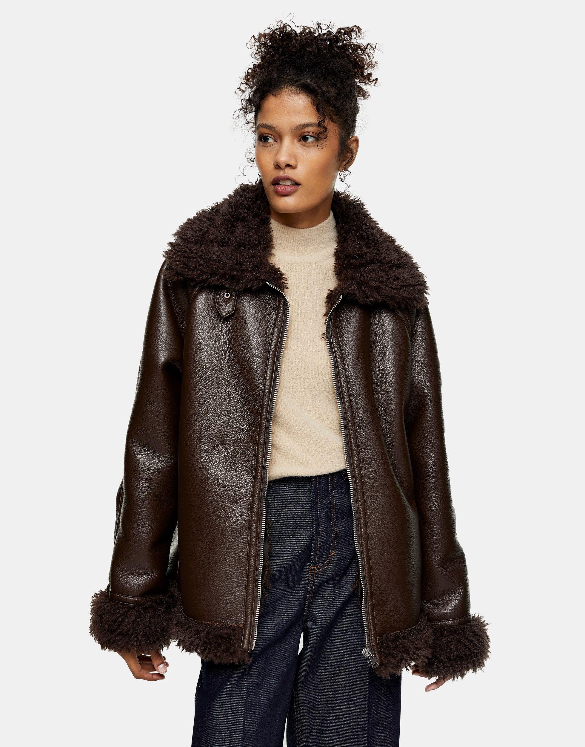 TOPSHOP Faux-leather Biker Jacket With Faux-fur Trim in Brown | Lyst