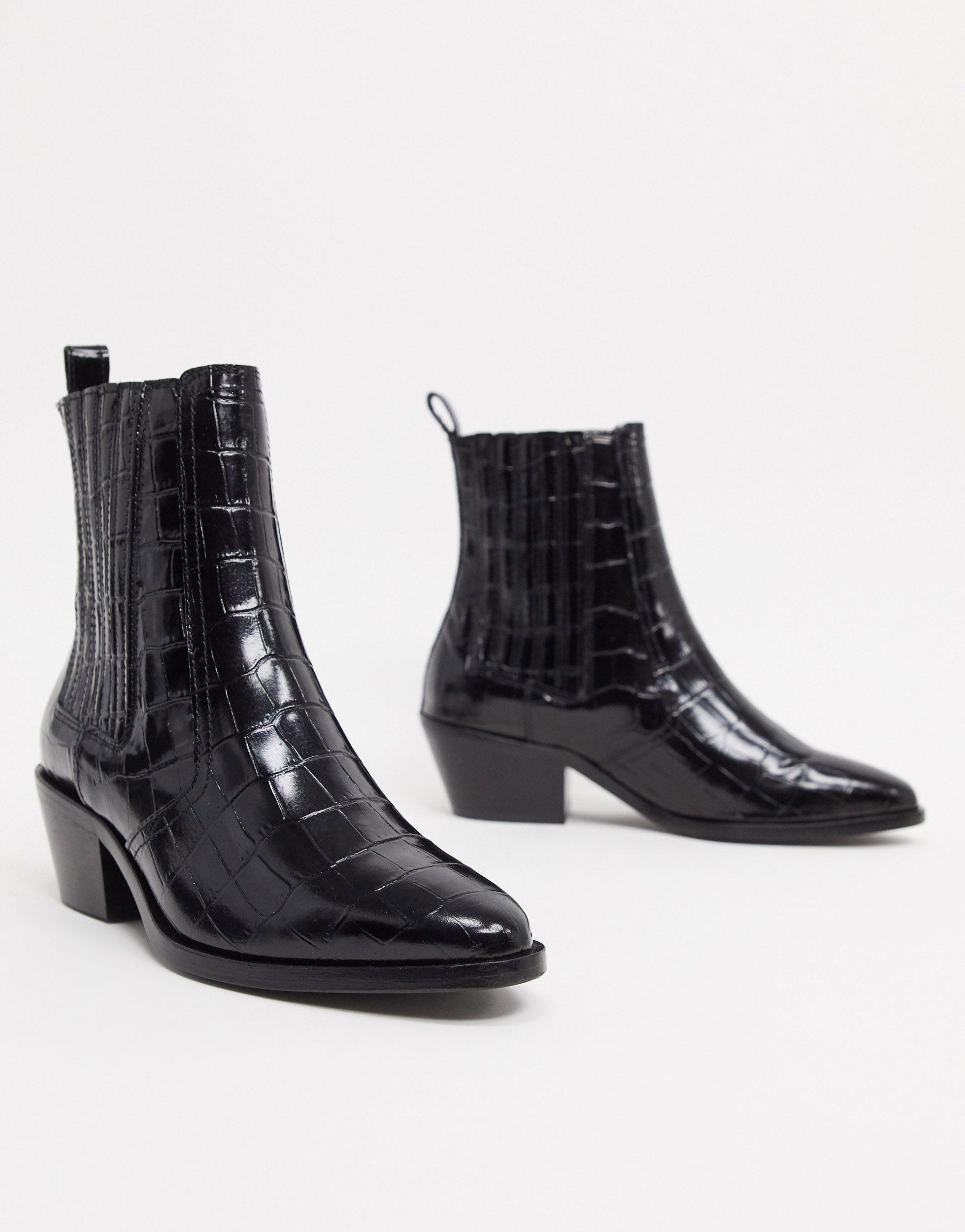 black croc pointed ankle boots