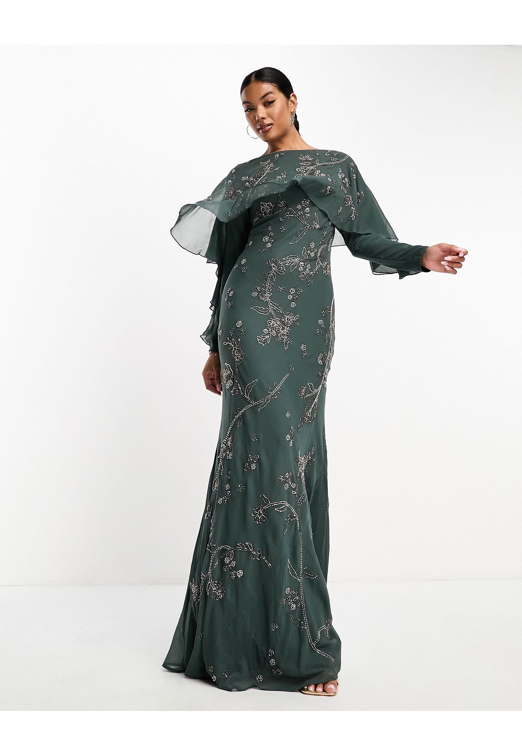ASOS Modesty Embellished Long Sleeve Ruffle Bias Maxi Dress With Cape  Detail in Green | Lyst