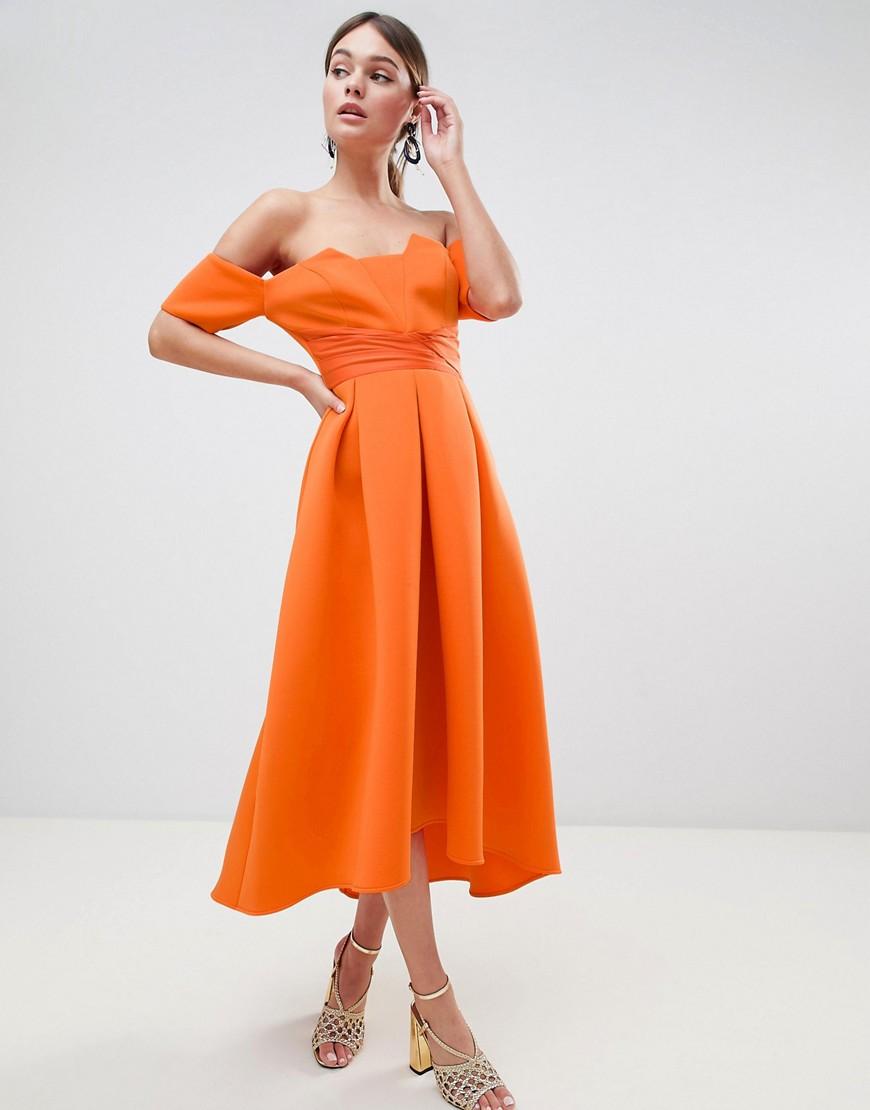 ASOS Midi avondjurk Met Bardothalslijn in het Oranje Lyst NL