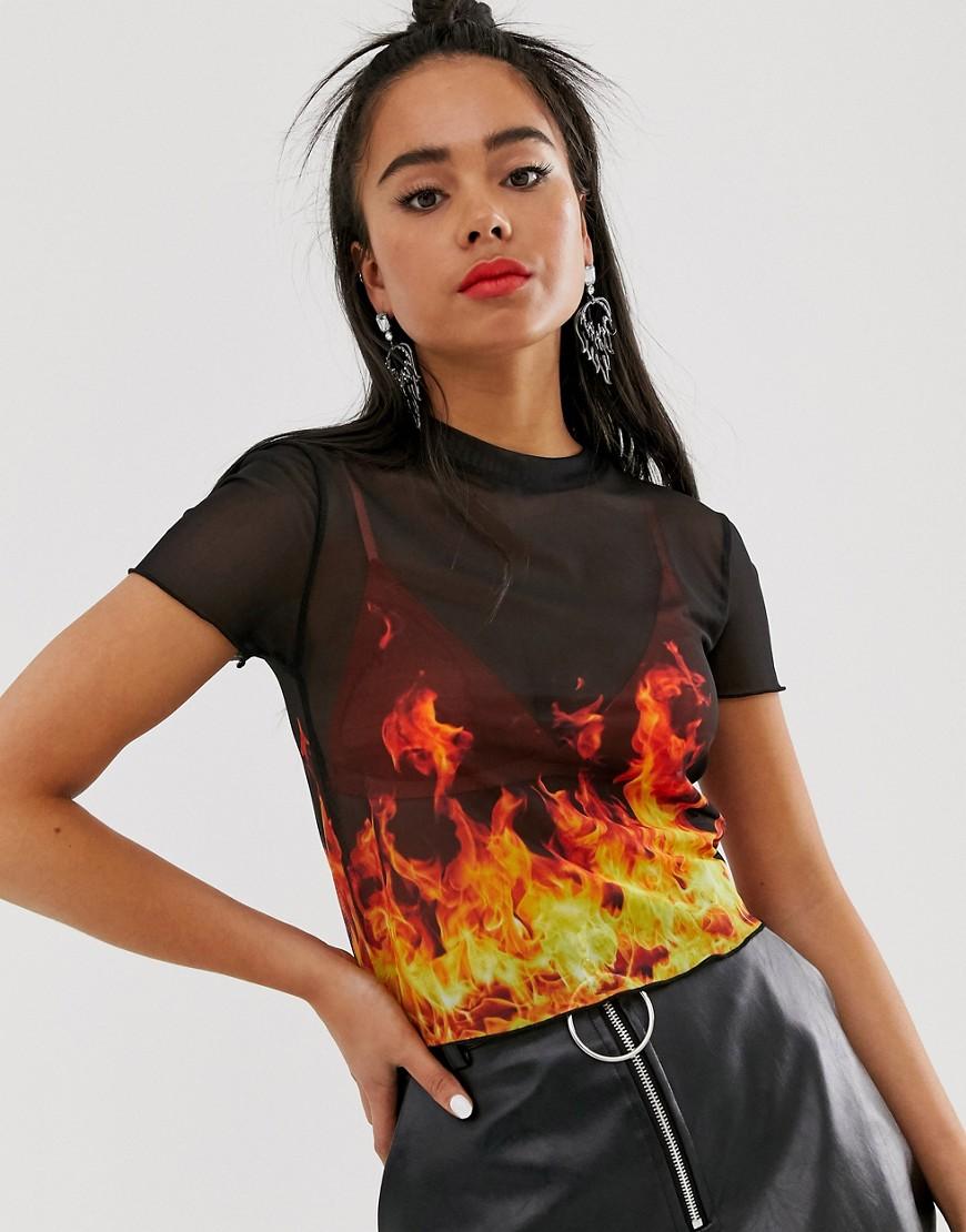 Bershka Denim Fire Print T-shirt in 