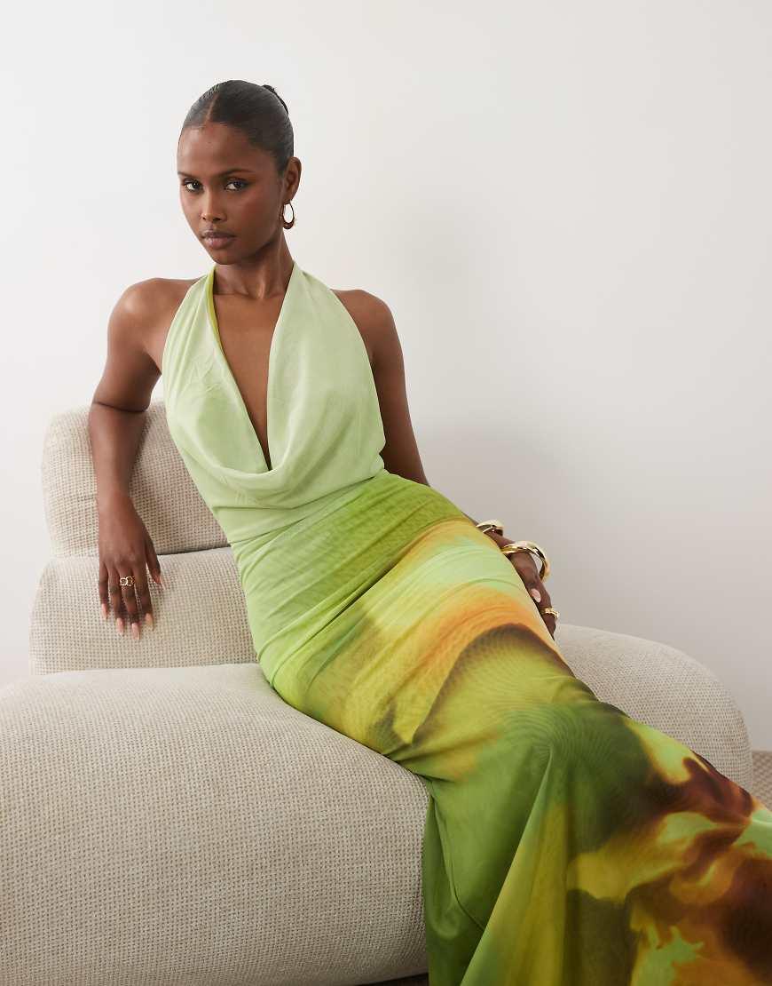 mesh cowl neck halter dress Murci Halterneck Low Back Fishtail Maxi in Green Dance costume