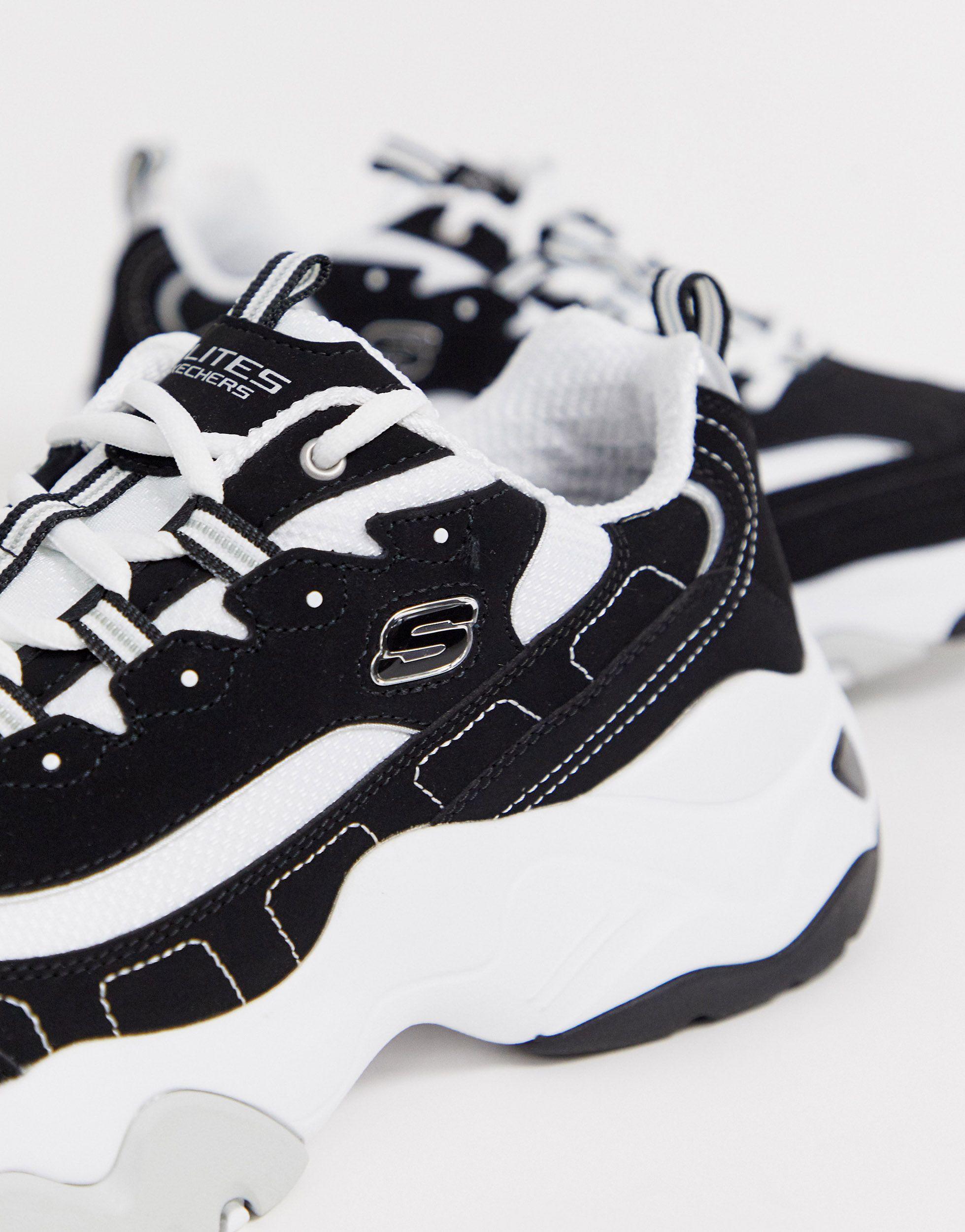 skechers d'lite chunky trainers 3.0 in black and white mono