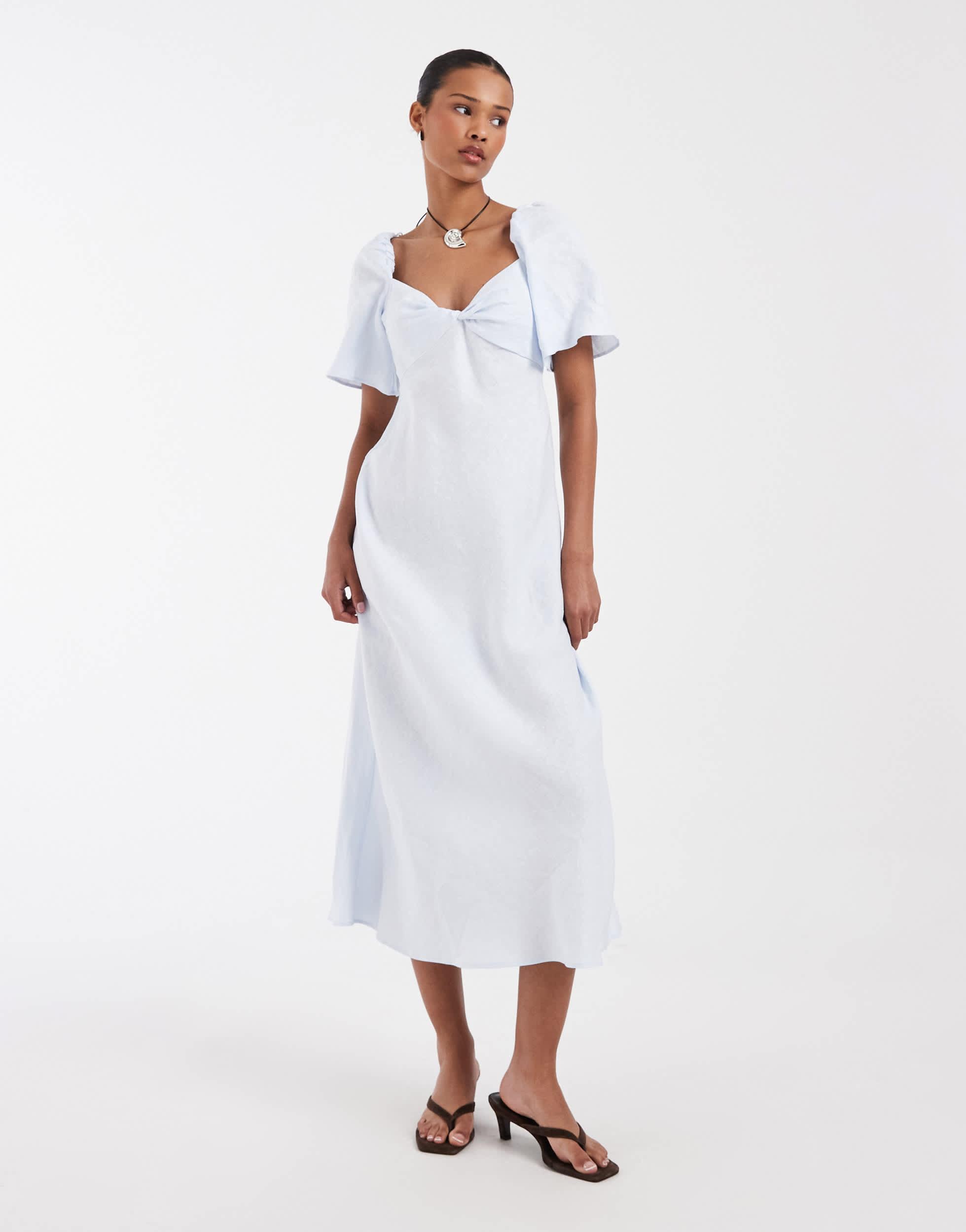 sweetheart-neck midaxi dress in ivory & Other Stories Linen Puff Sleeve With Twist Sweetheart Neckline White leopard-edit