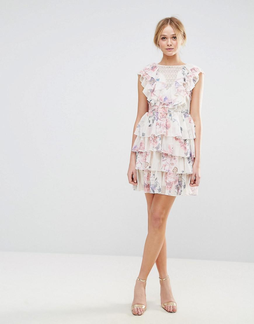 Y.A.S Synthetic Ruffle Floral Lace Up Back Mini Dress | Lyst