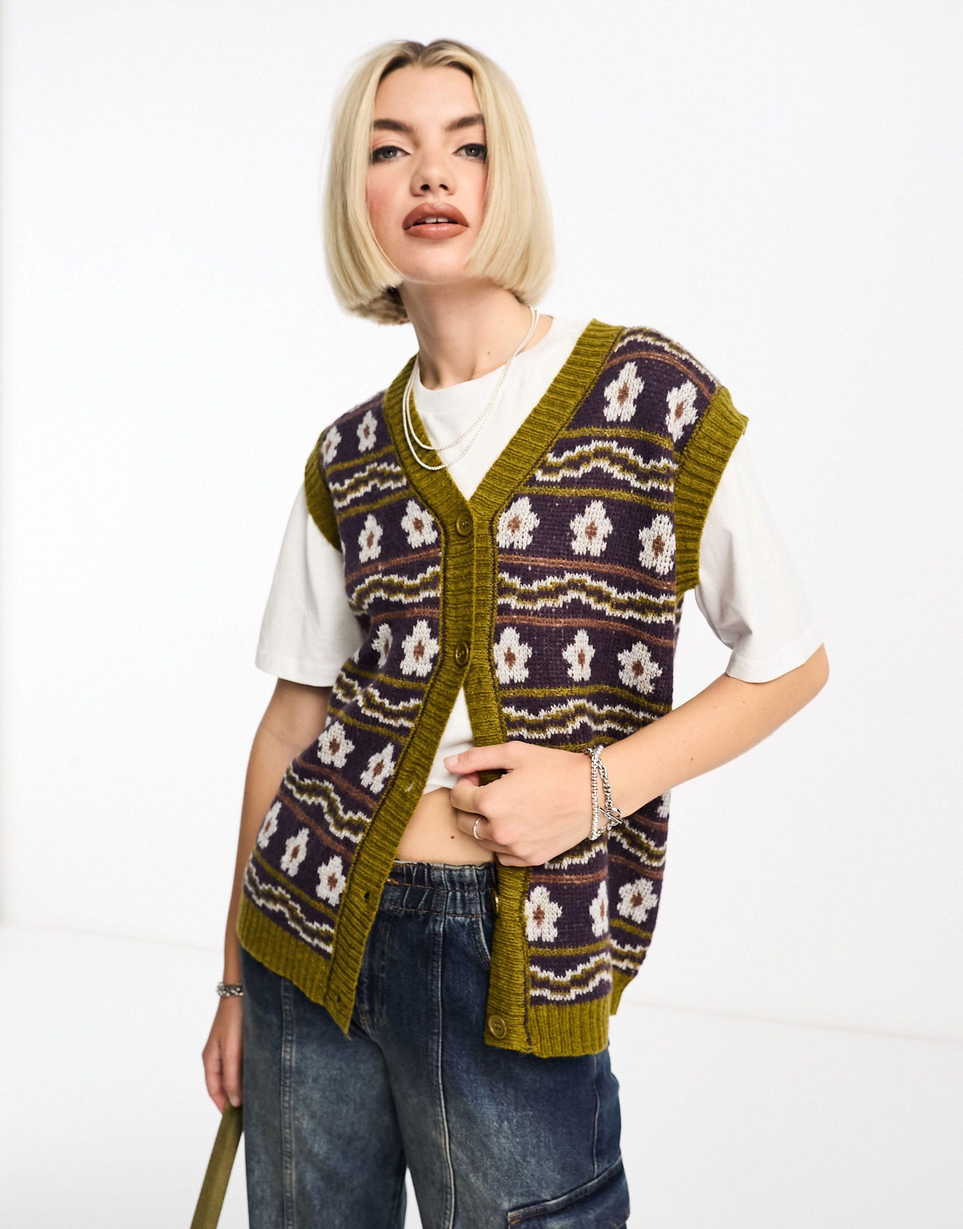Daisy Street Oversized Grandad Retro Knit Button Up Vest | Lyst