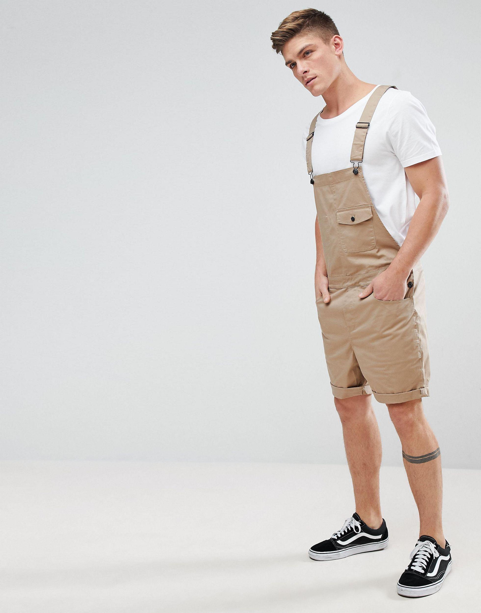 ASOS Short Dungarees In Stone Twill in Brown for Men | Lyst UK