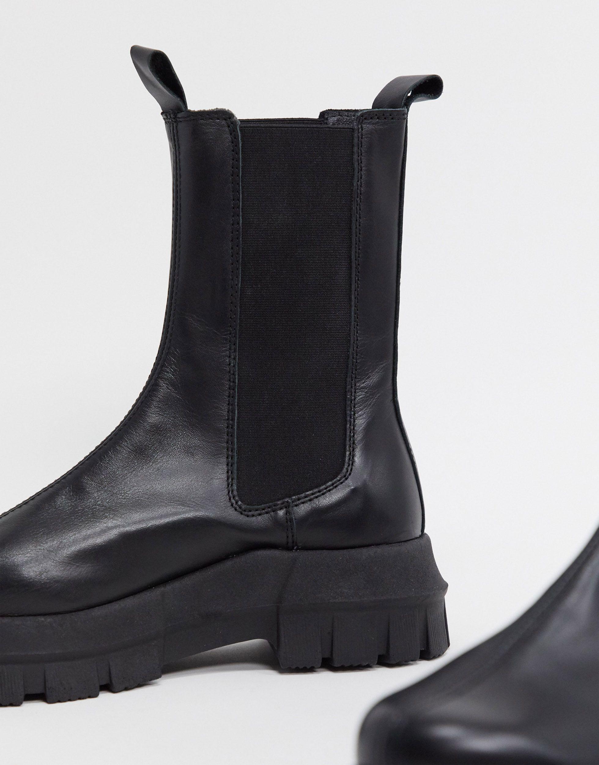ASOS Aqum Premium Leather Chunky Chelsea Boots in Black | Lyst