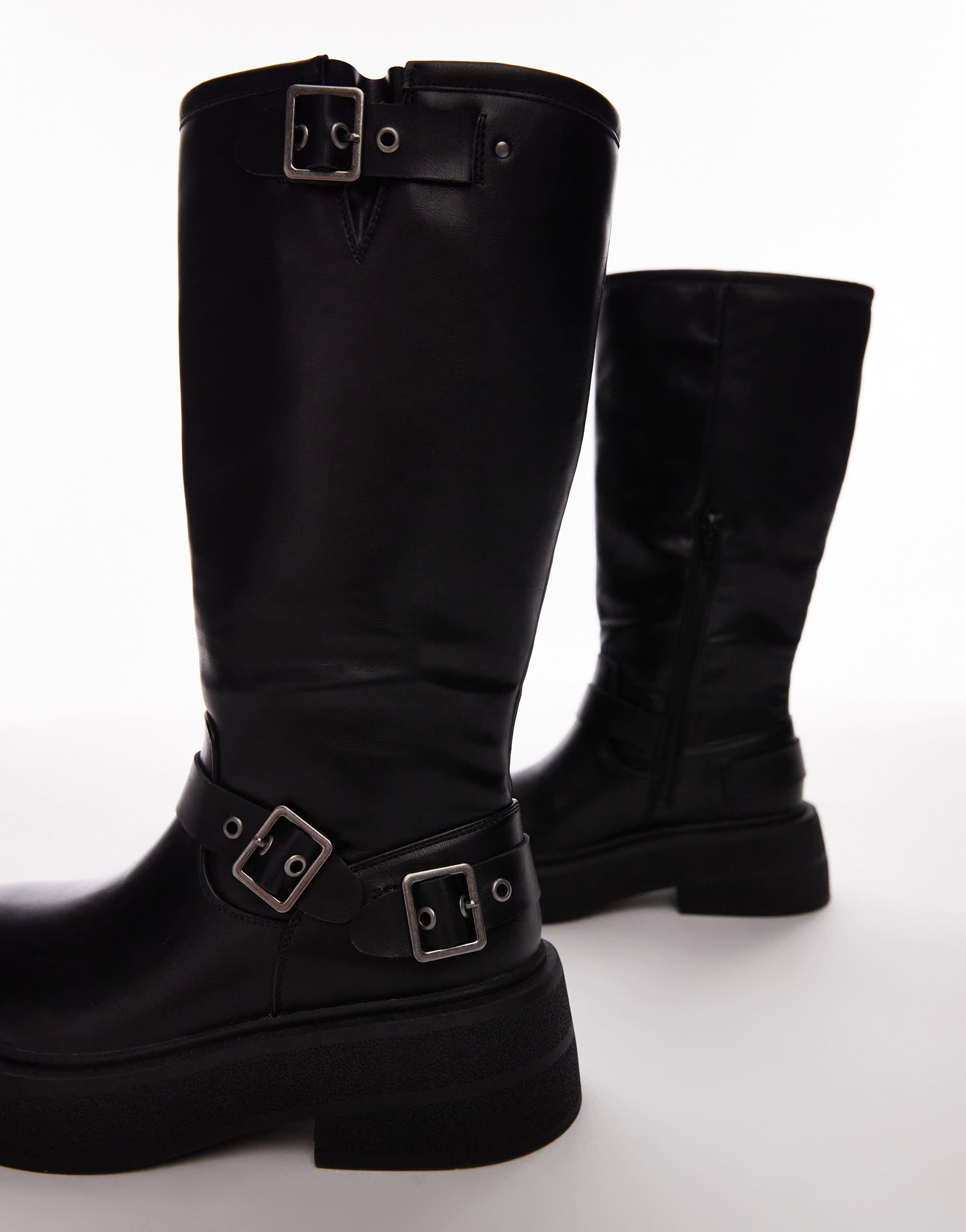 Calf Boots Black Wide Fit Biker Boots TOPSHOP Wide Fit Roy Chunky