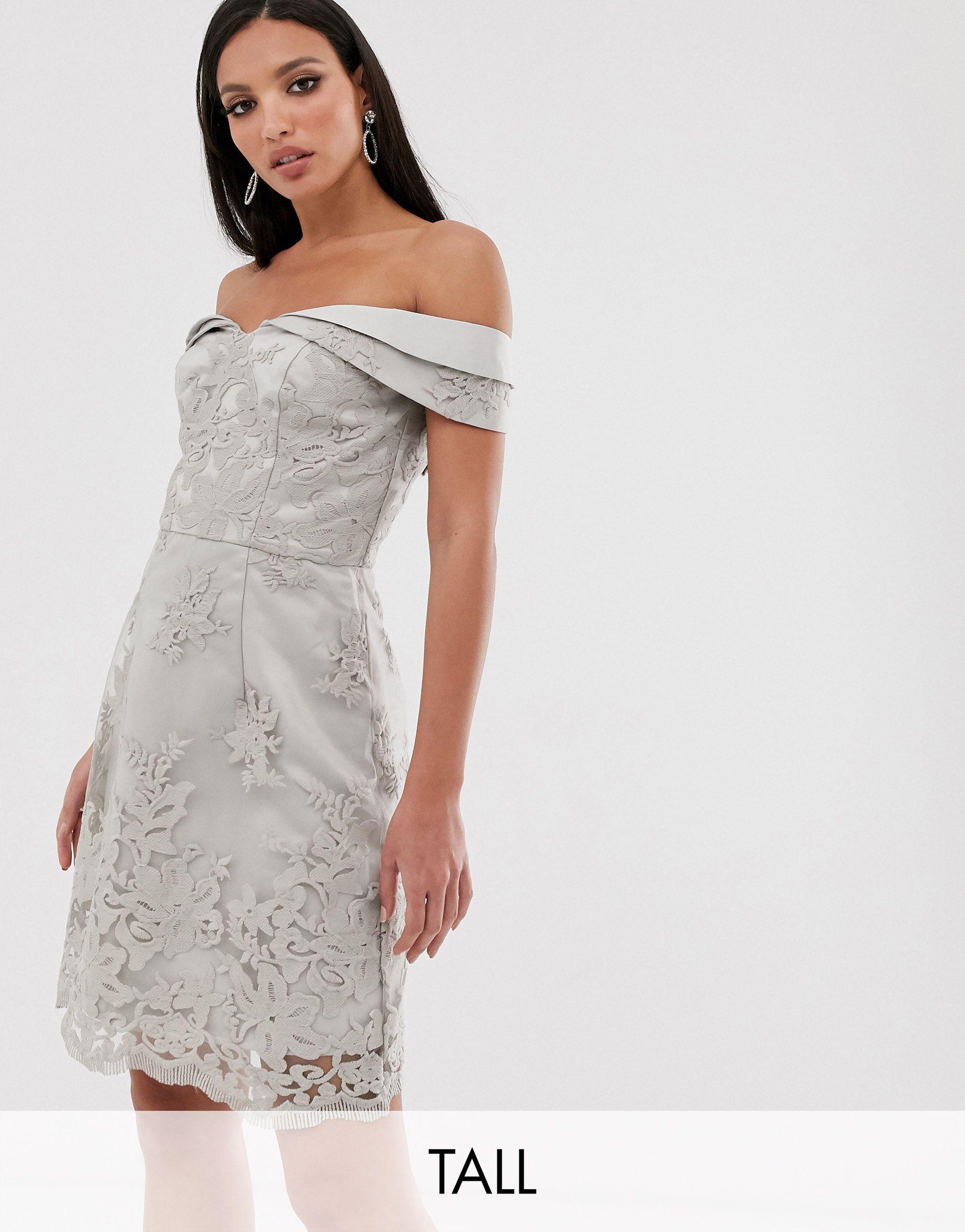 Chi Chi London Synthetic Bardot Jacquard Mini Dress in Gray - Lyst