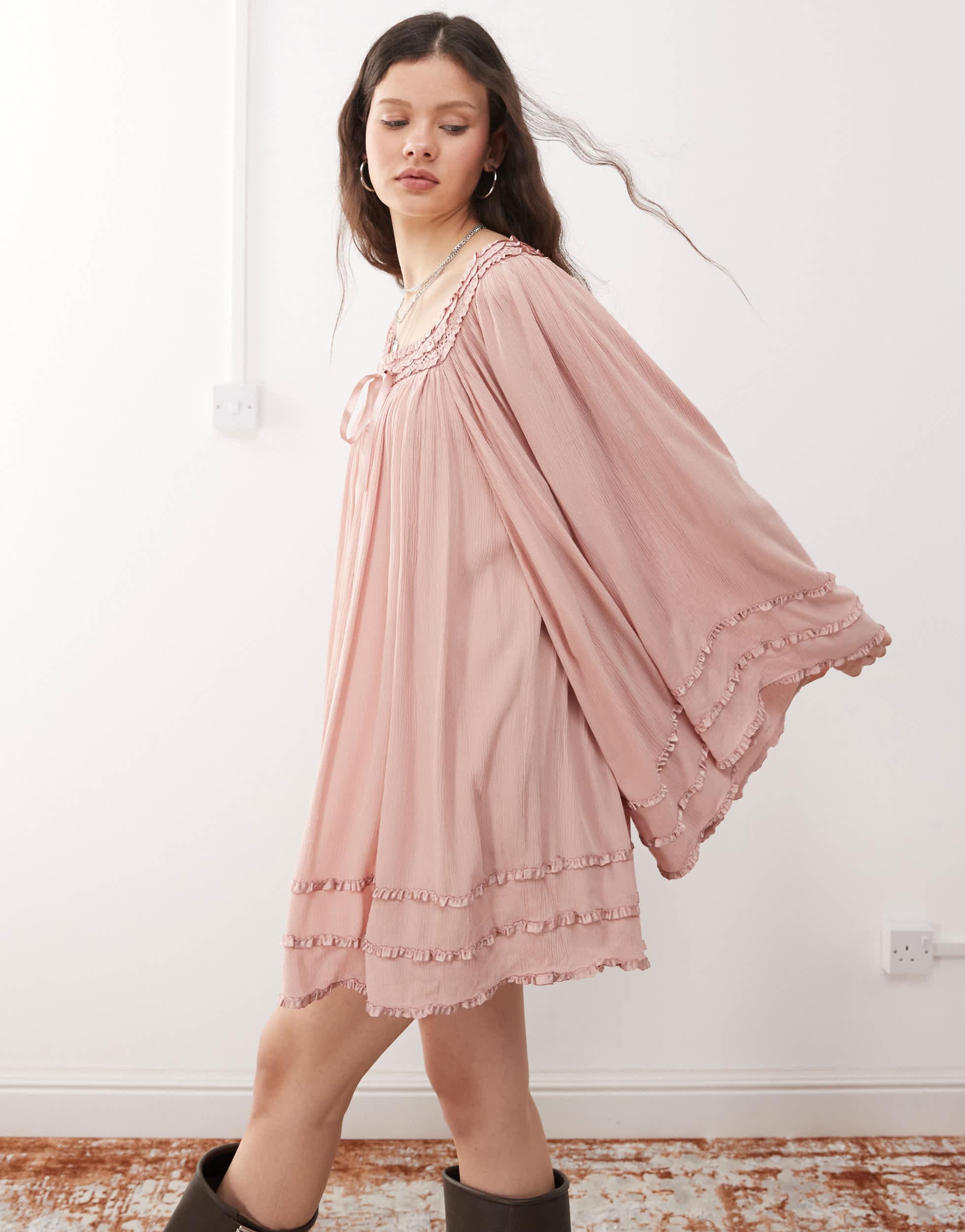 Miss Selfridge Square Neck Flared Sleeve Mini Dress in Pink | Lyst